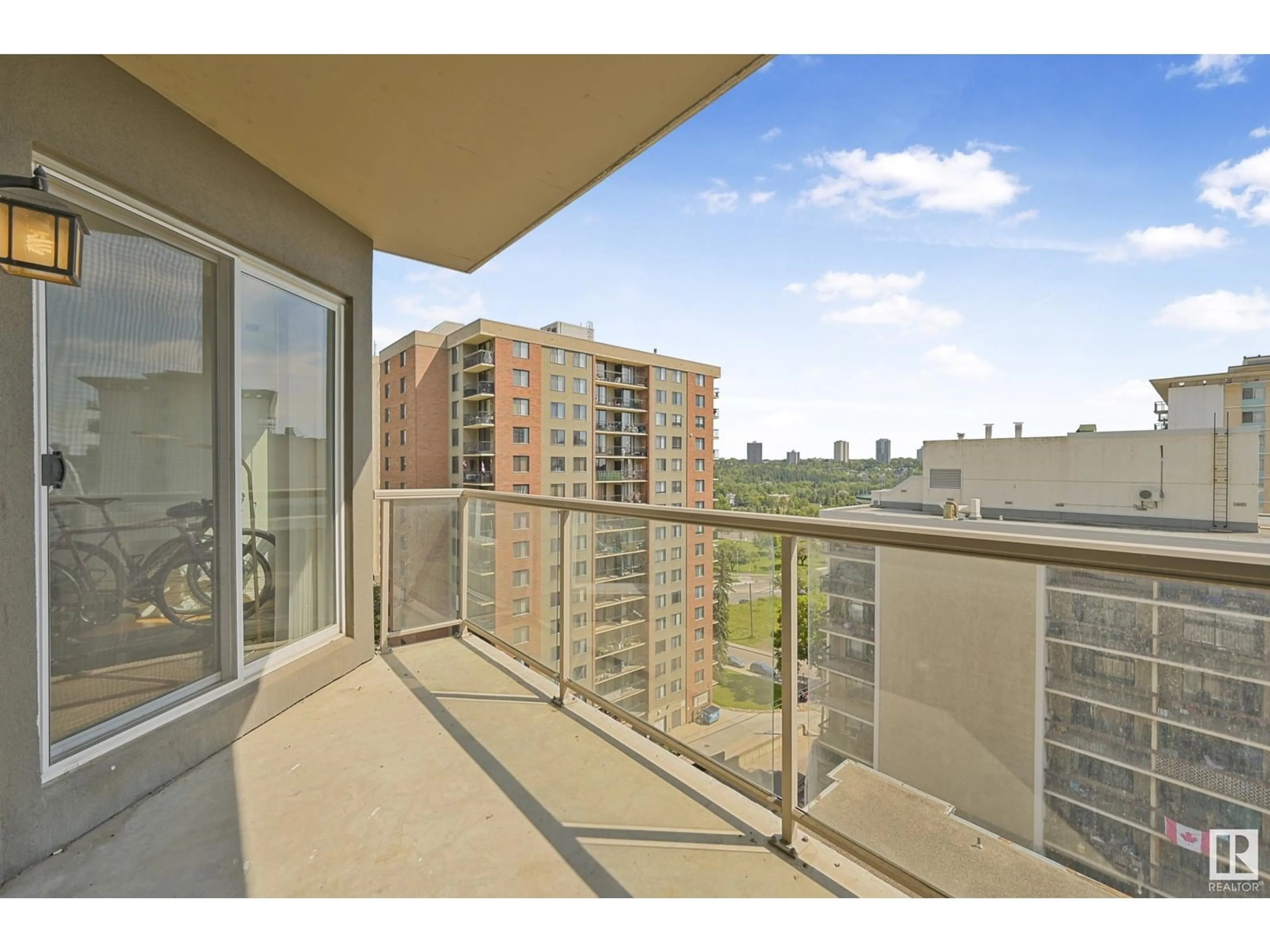 Balcony in the apartment, city buildings view from balcony for #504 - 9819 104 ST, Edmonton Alberta T5K0Y8