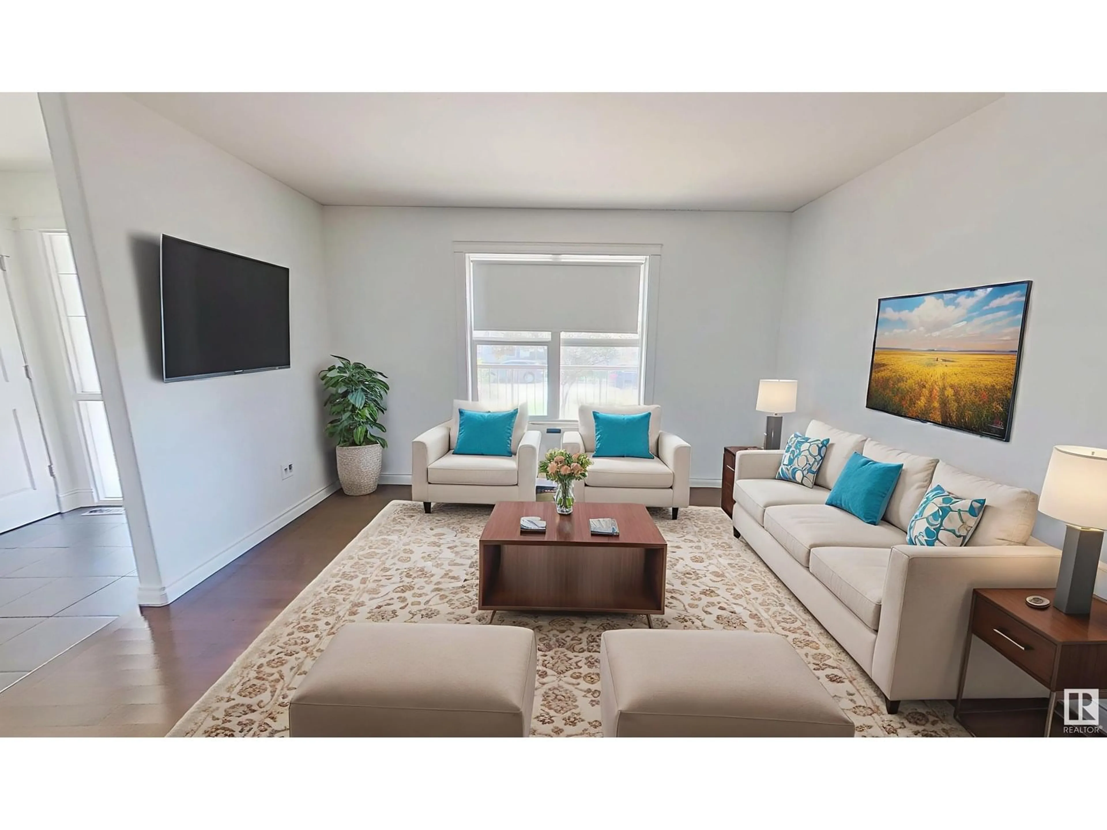 Living room with furniture, wood/laminate floor for 7006 ETON BV, Sherwood Park Alberta T8H0L7