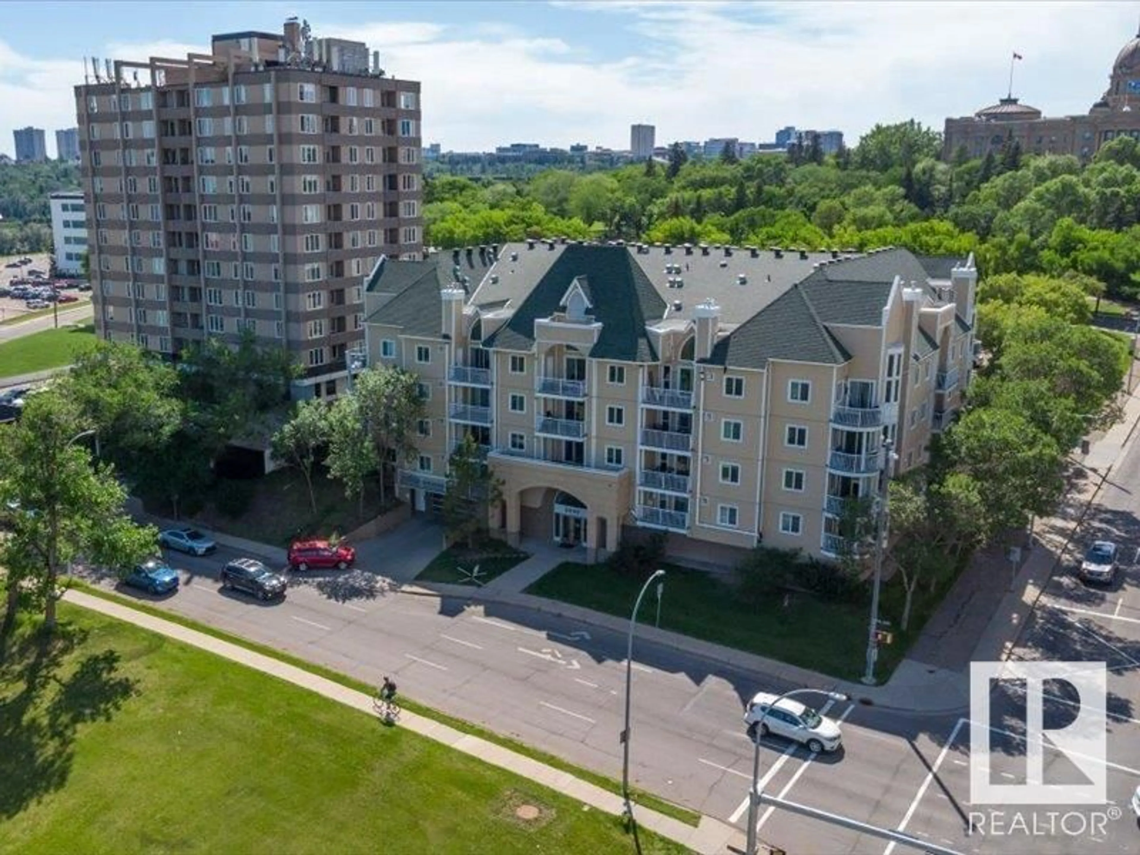 A pic from outside/outdoor area/front of a property/back of a property/a pic from drone, city buildings view from balcony for #204 - 9640 105 ST NW, Edmonton Alberta T5K0Z7