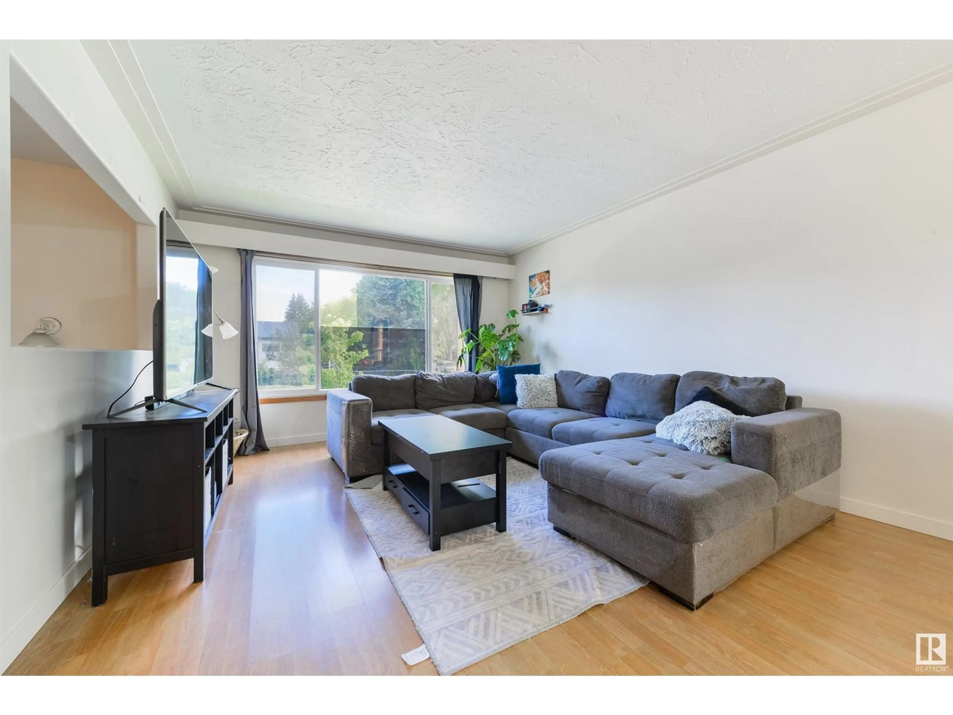 Living room with furniture, wood/laminate floor for NW - 12403 130 AV, Edmonton Alberta T5L3K9