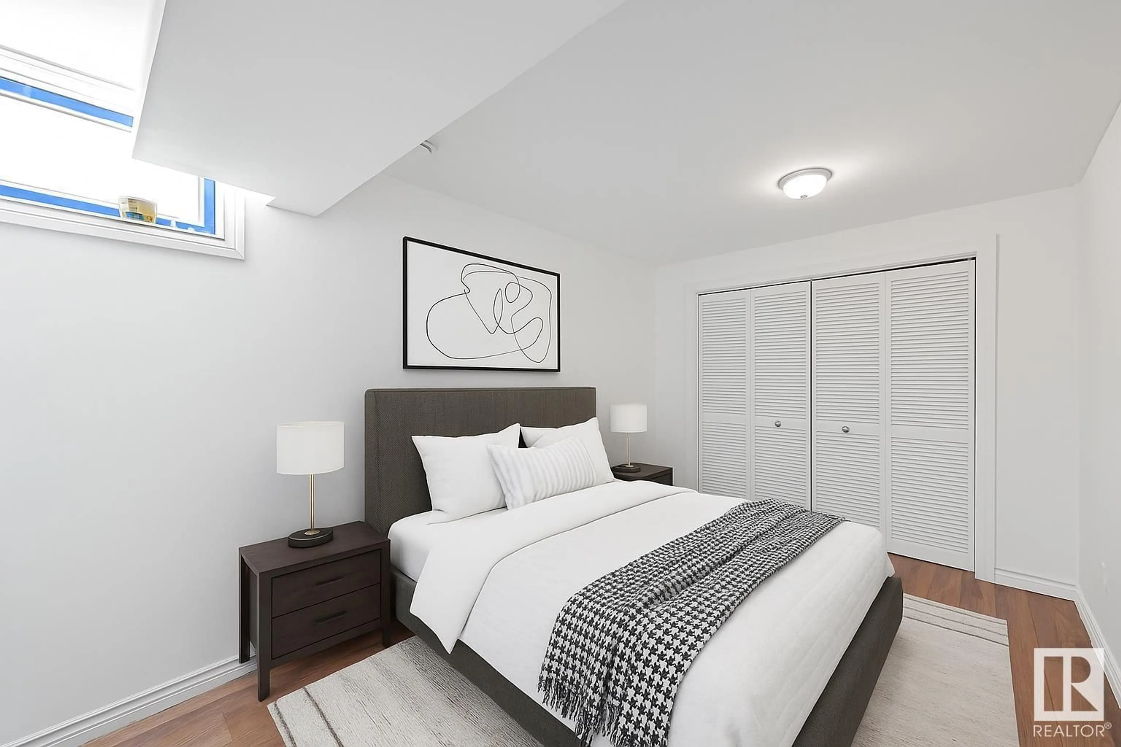 Bedroom with bed, unknown for NW - 7111 150 AV, Edmonton Alberta T5C2X5