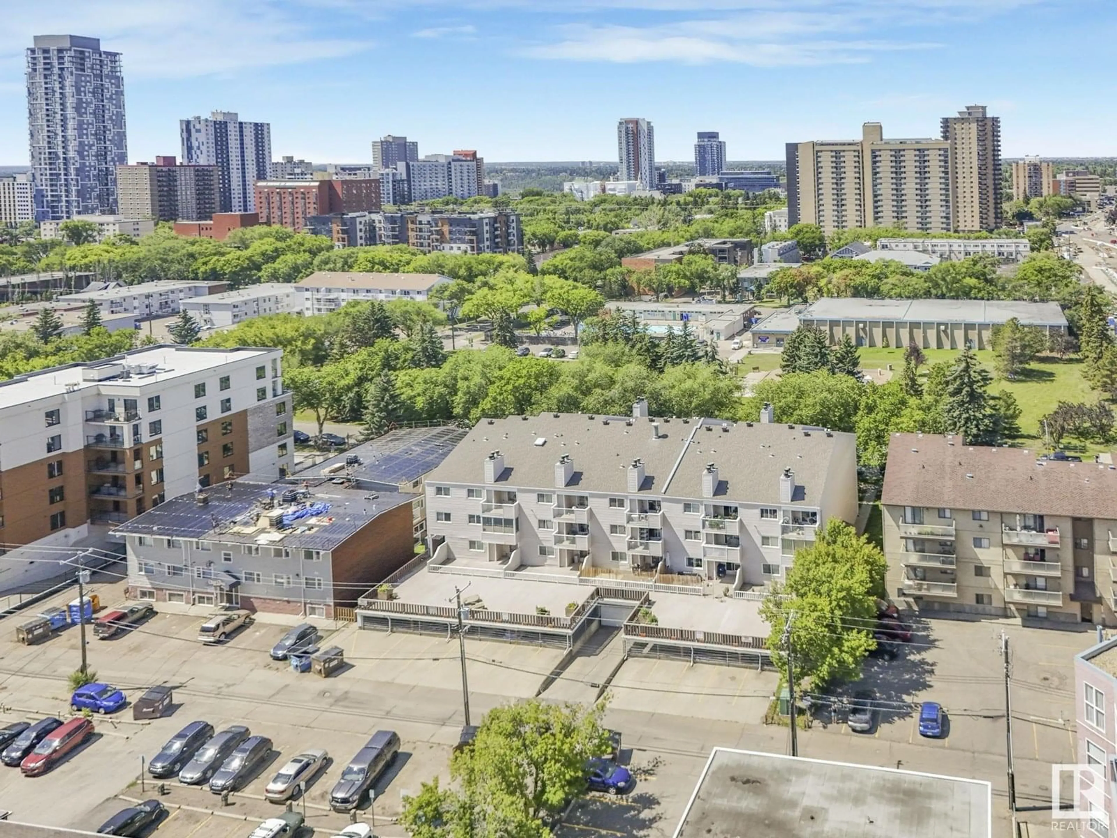 A pic from outside/outdoor area/front of a property/back of a property/a pic from drone, city buildings view from balcony for #402 - 10335 118 ST, Edmonton Alberta T5K1Y6