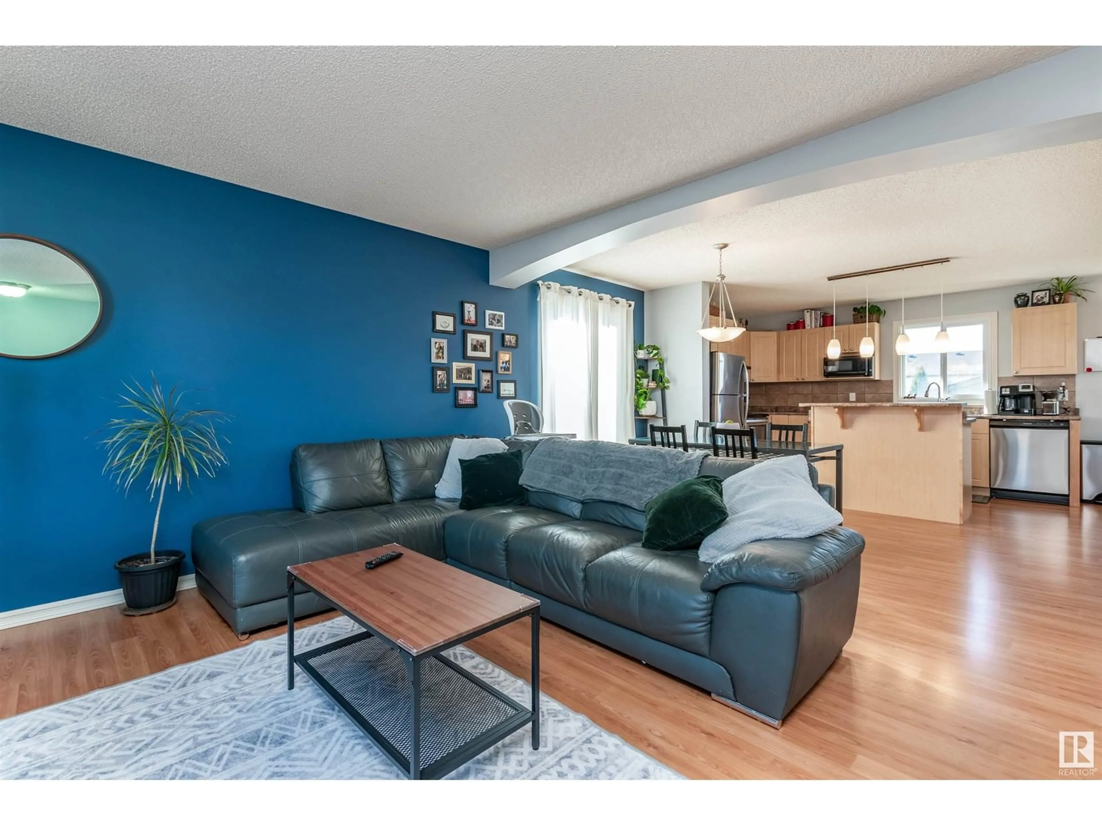 Living room with furniture, wood/laminate floor for 21351 91 AV, Edmonton Alberta T5T6Y9