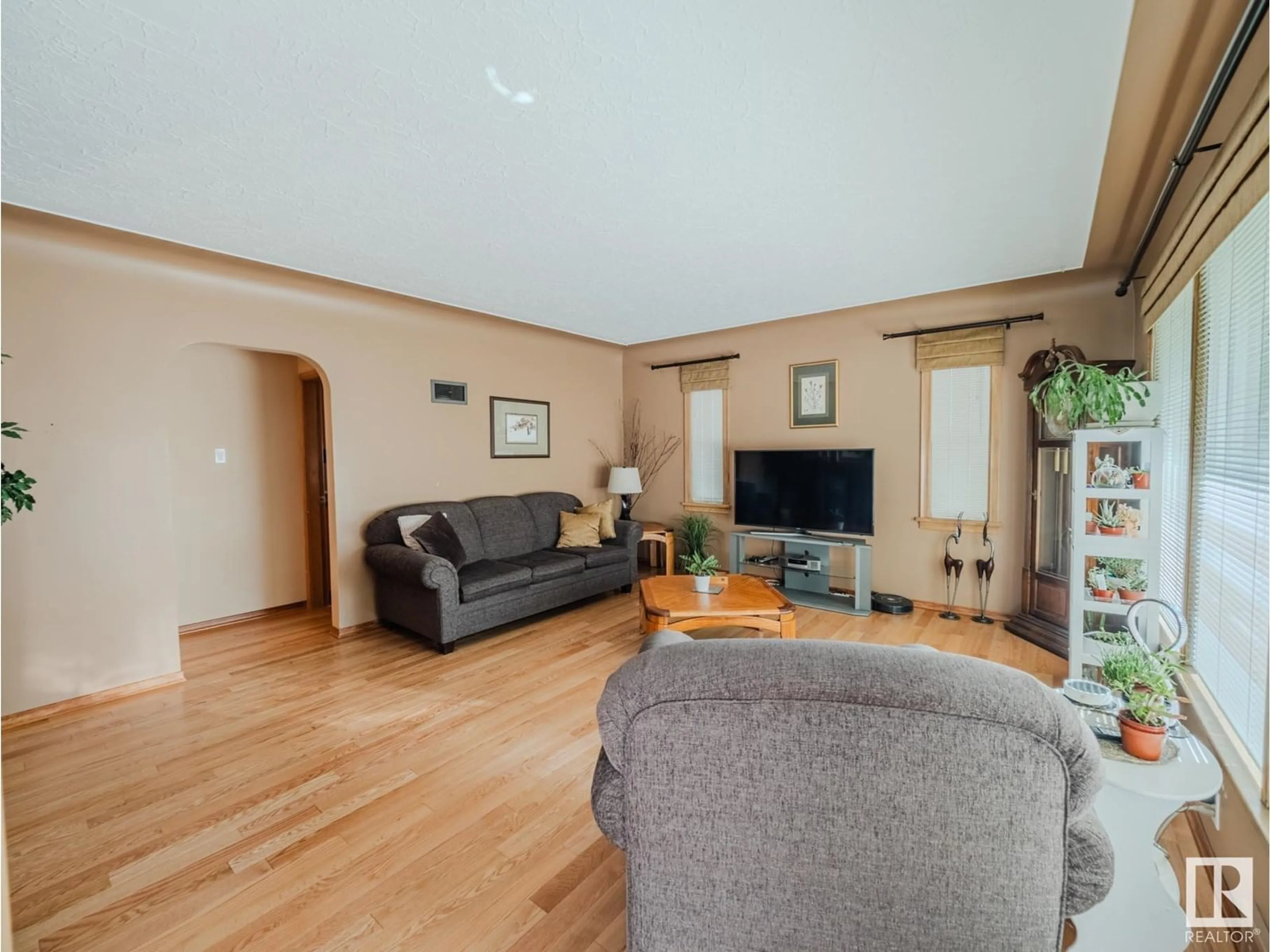 Living room with furniture, wood/laminate floor for NW - 10823 122 ST, Edmonton Alberta T5M0A5