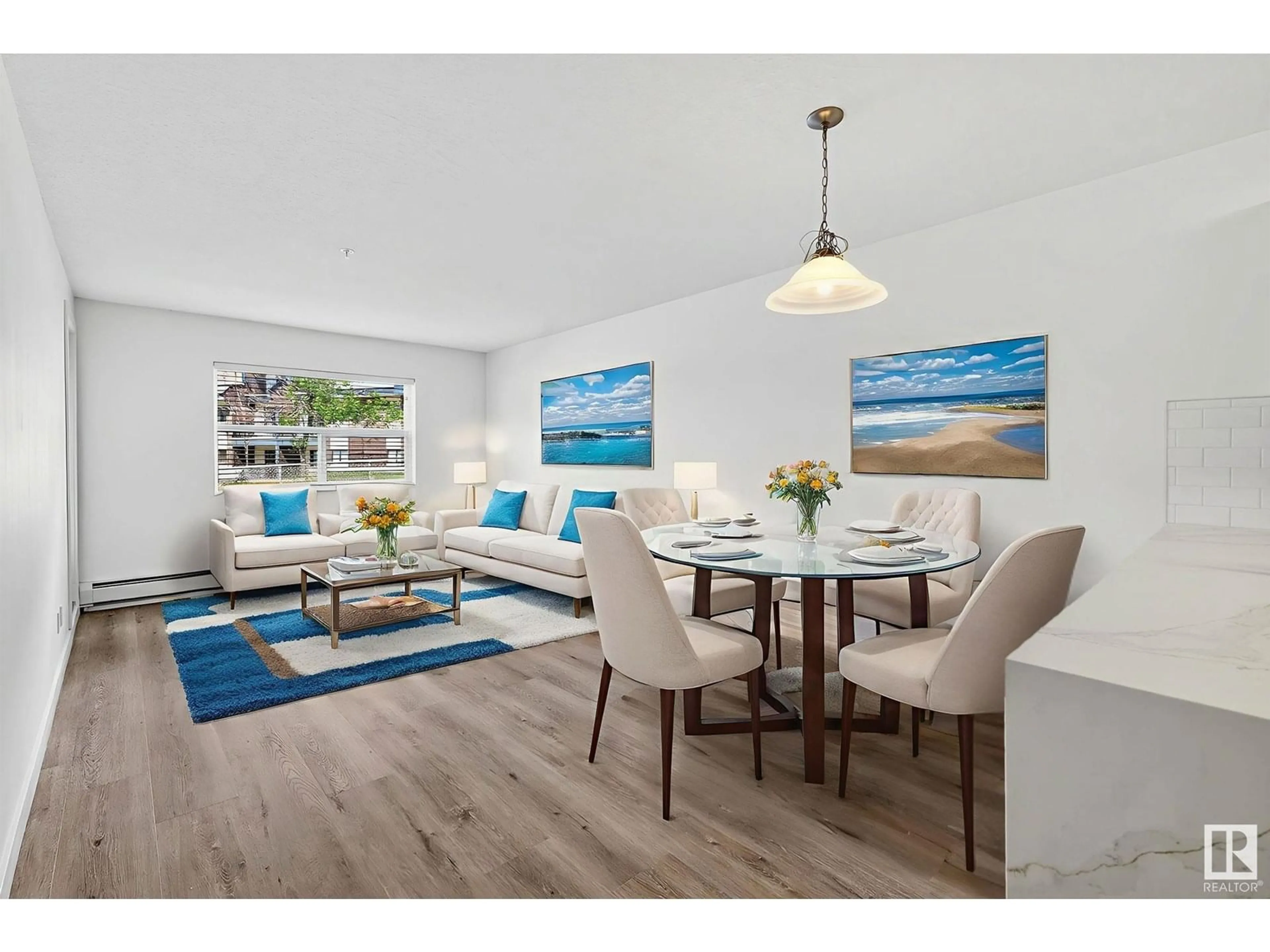 Living room with furniture, wood/laminate floor for 121 17404 64 AV, Edmonton Alberta T6L4T1