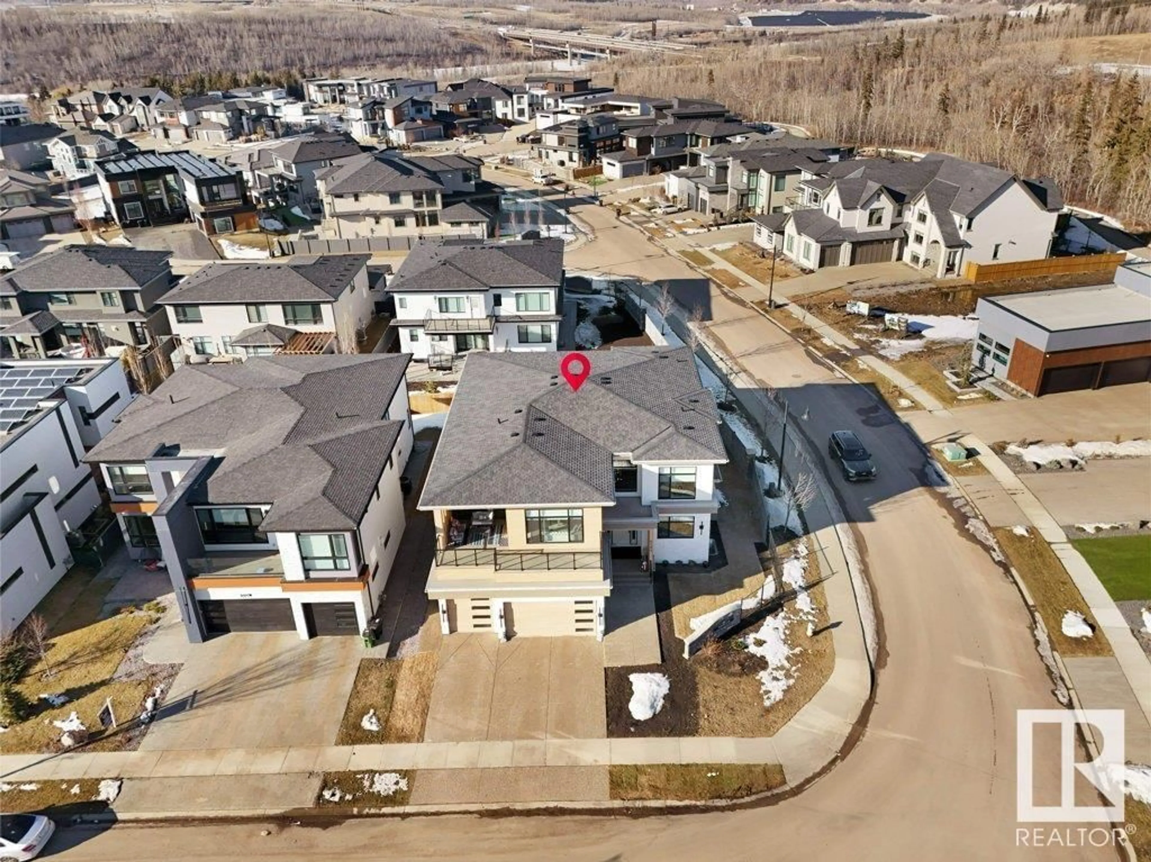 A pic from outside/outdoor area/front of a property/back of a property/a pic from drone, street for NW - 5104 WOOLSEY LI, Edmonton Alberta T6W2E1