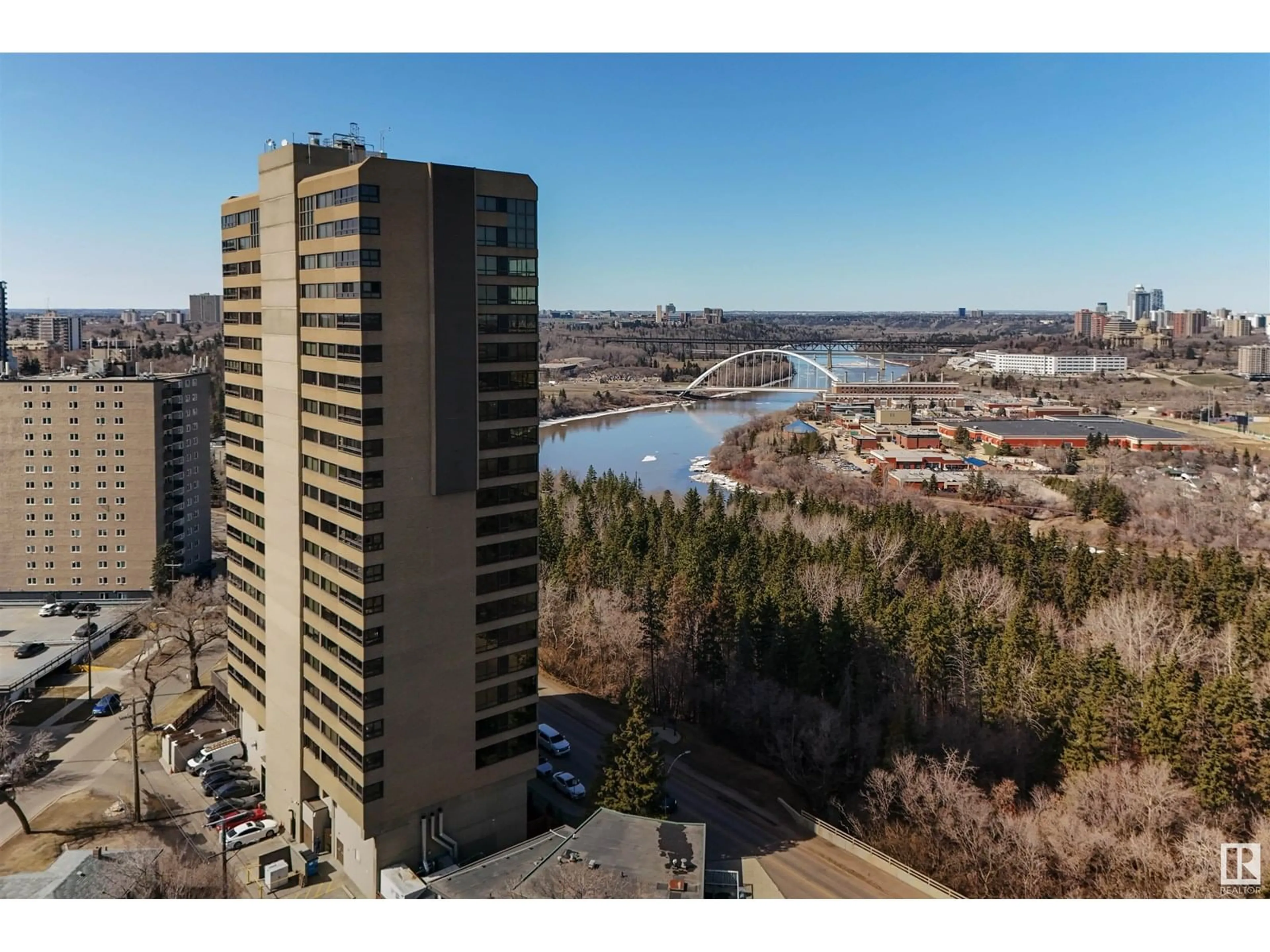 A pic from outside/outdoor area/front of a property/back of a property/a pic from drone, water/lake/river/ocean view for #403 - 9929 SASKATCHEWAN DR, Edmonton Alberta T6E5J9