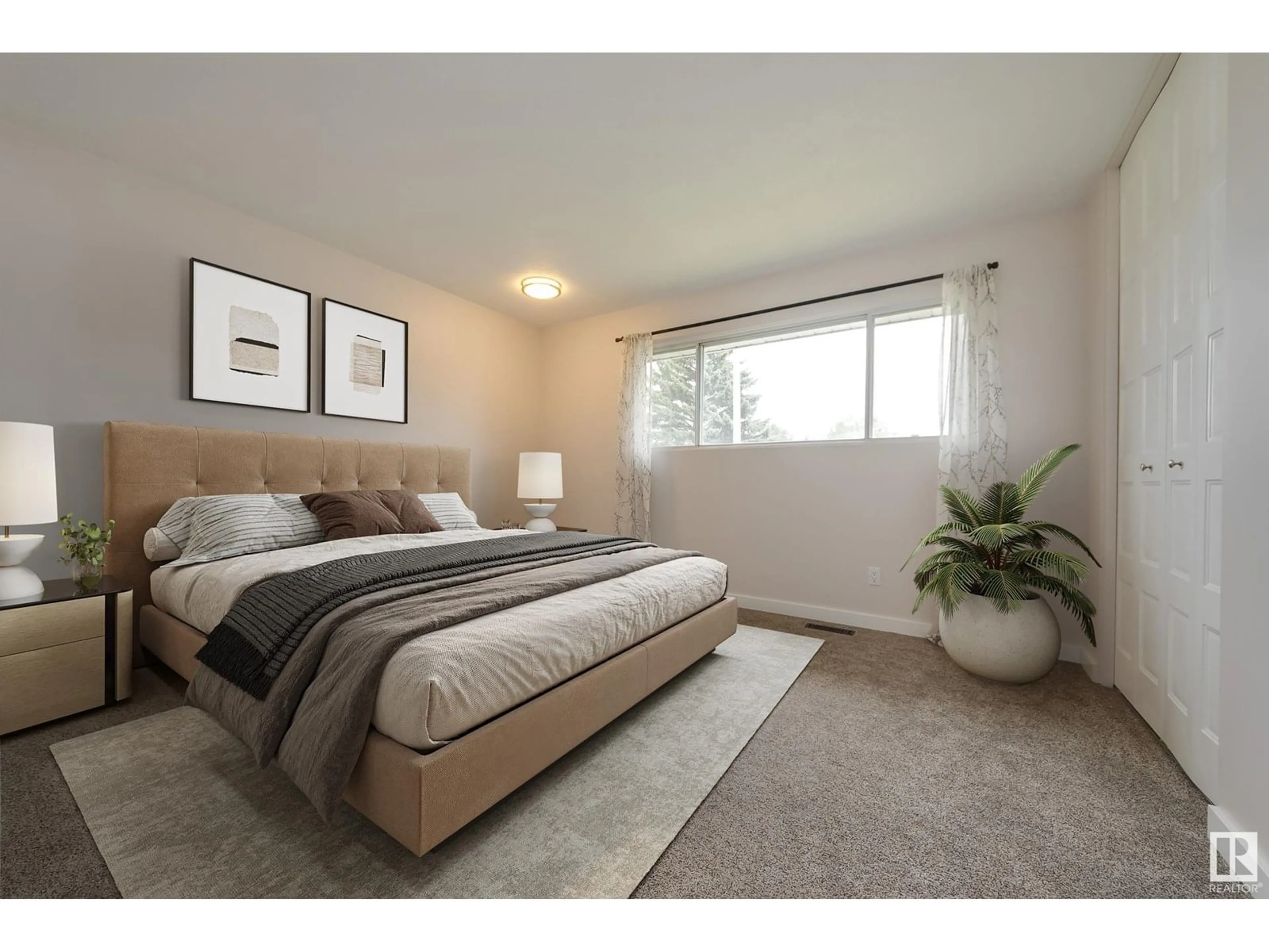 Bedroom with bed, carpet floor for NW - 15228 122 ST, Edmonton Alberta T5X1P5