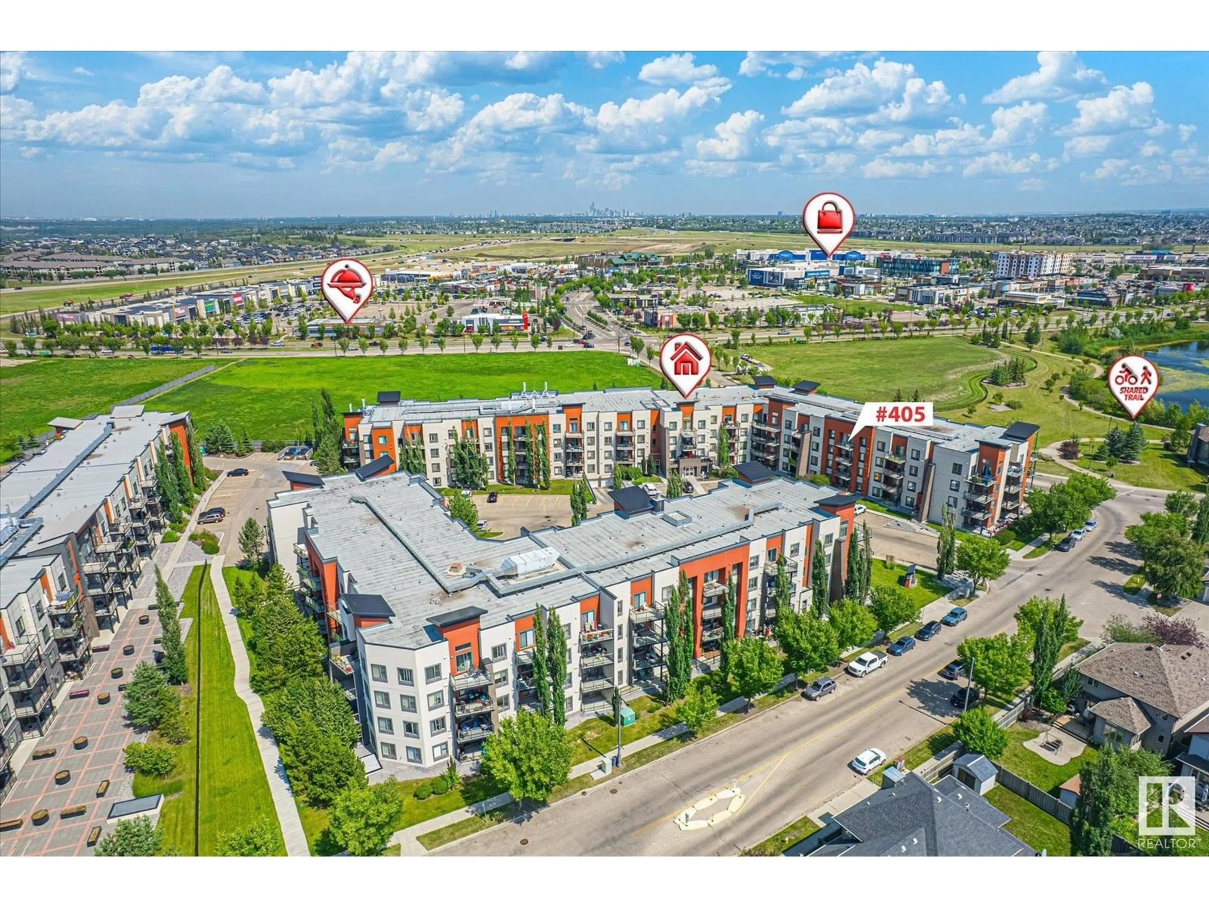 A pic from outside/outdoor area/front of a property/back of a property/a pic from drone, unknown for #405 - 304 AMBLESIDE LI, Edmonton Alberta T6W0V2