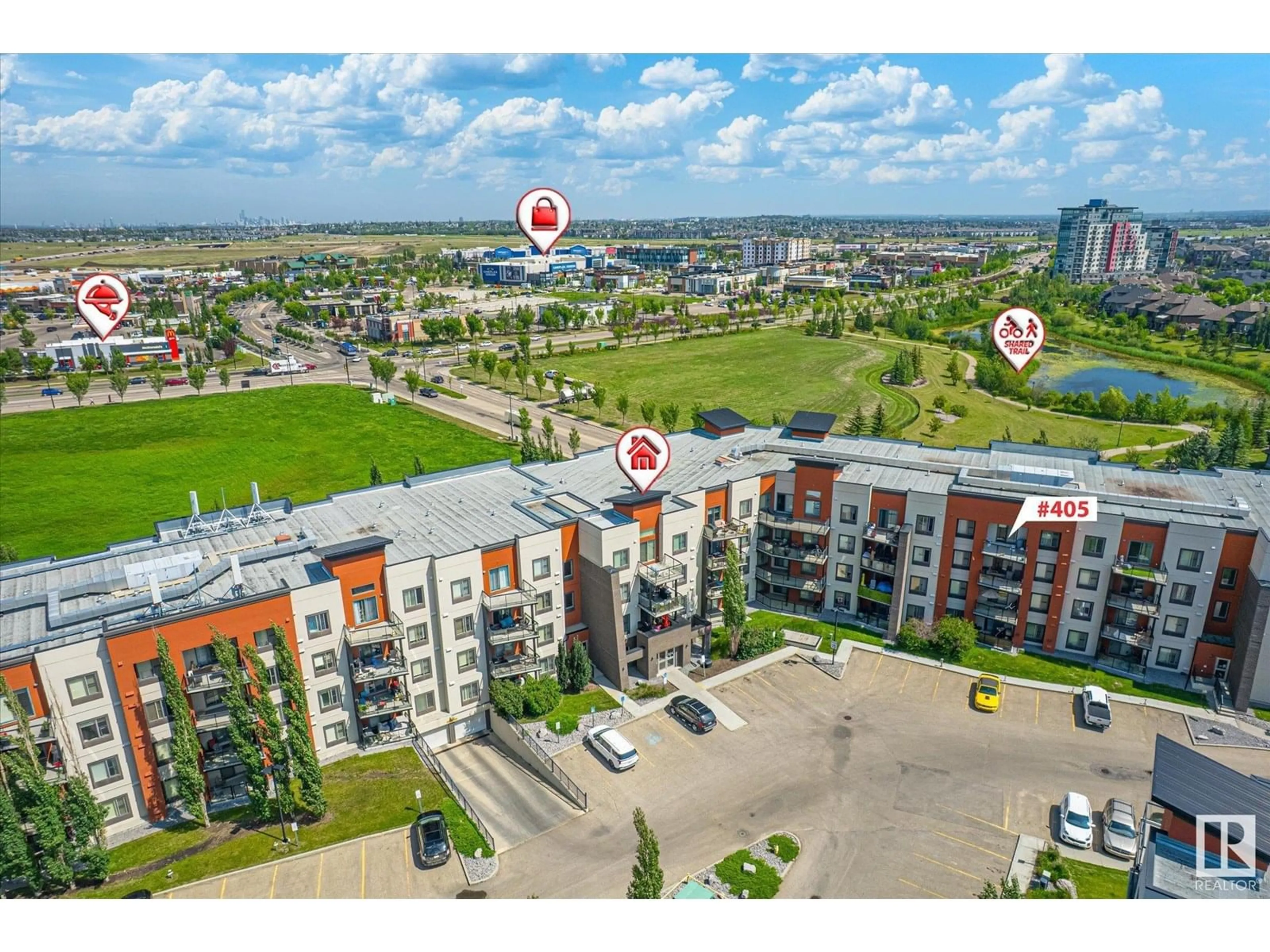 A pic from outside/outdoor area/front of a property/back of a property/a pic from drone, city buildings view from balcony for #405 - 304 AMBLESIDE LI, Edmonton Alberta T6W0V2