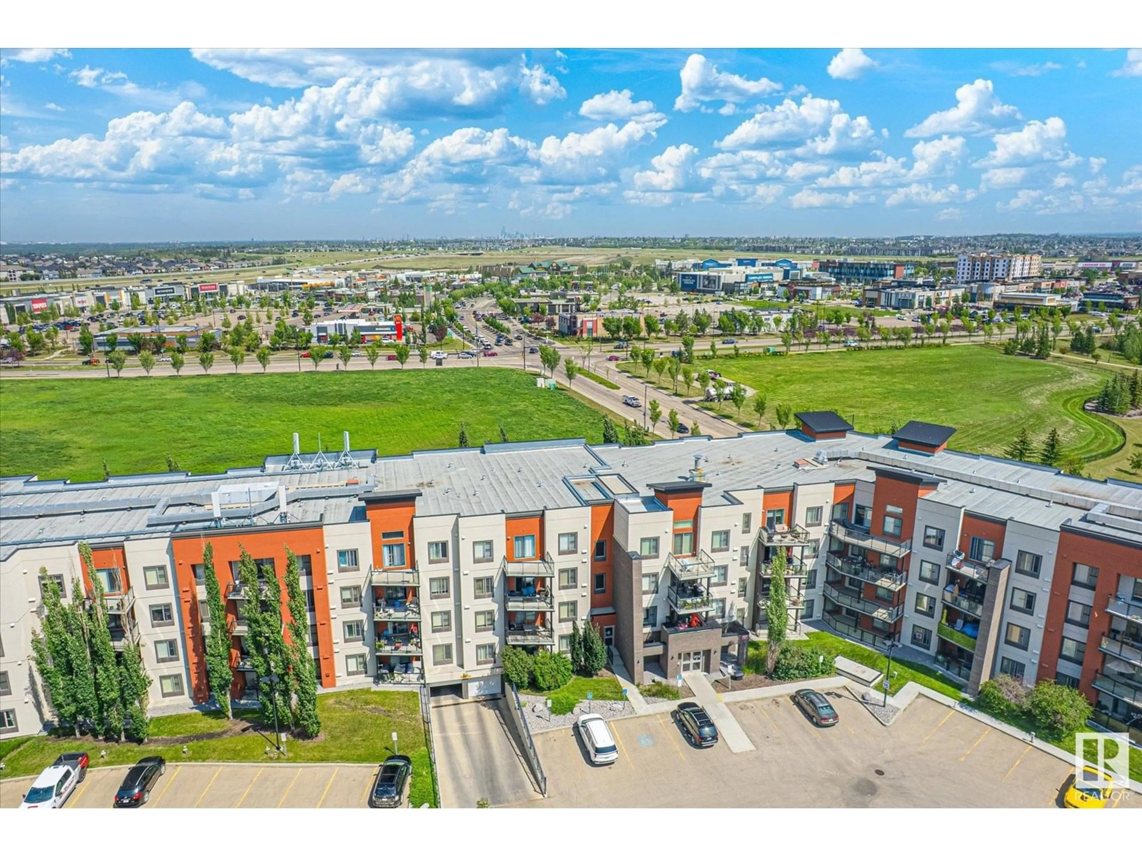 A pic from outside/outdoor area/front of a property/back of a property/a pic from drone, city buildings view from balcony for #405 - 304 AMBLESIDE LI, Edmonton Alberta T6W0V2