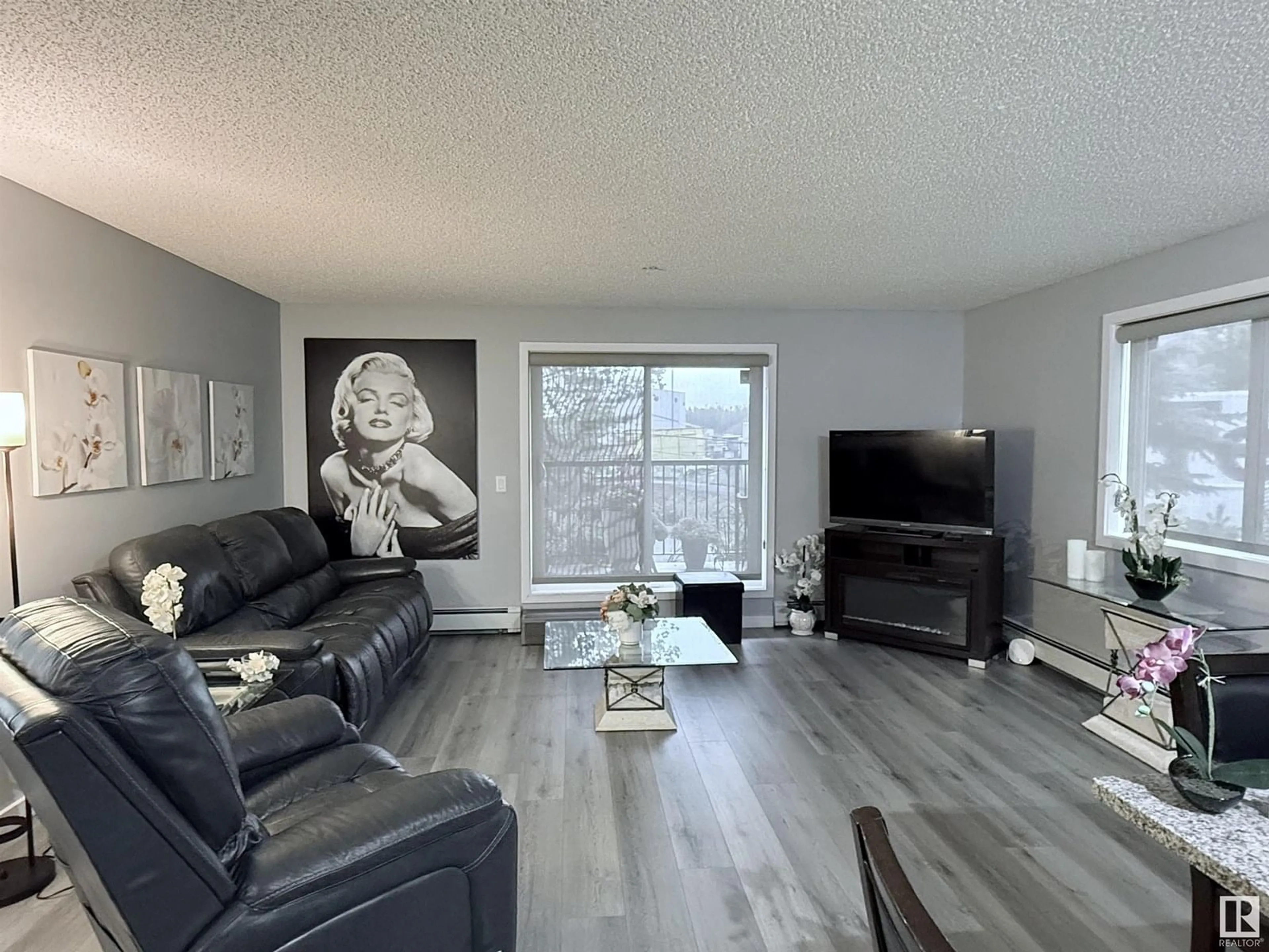 Living room with furniture, wood/laminate floor for #104 - 14808 125 ST, Edmonton Alberta T5X0G1