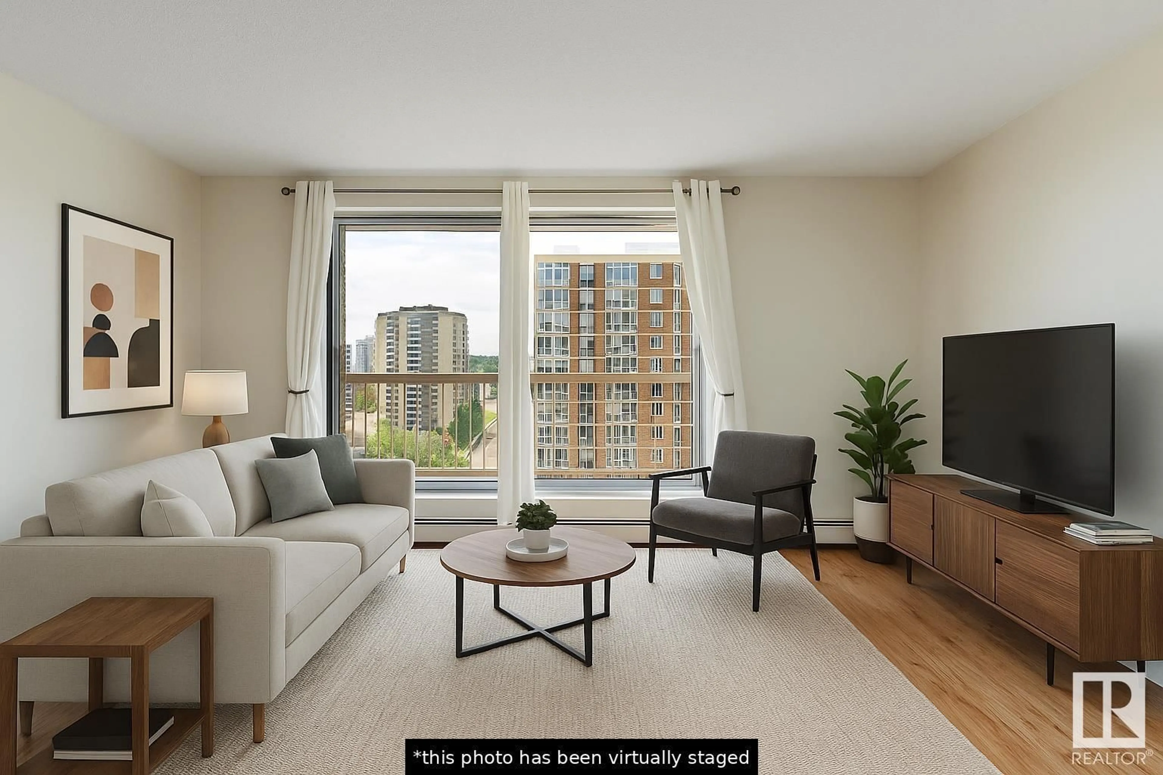 Living room with furniture, wood/laminate floor for 10150 - 1305 117 ST NW, Edmonton Alberta T5K2J2