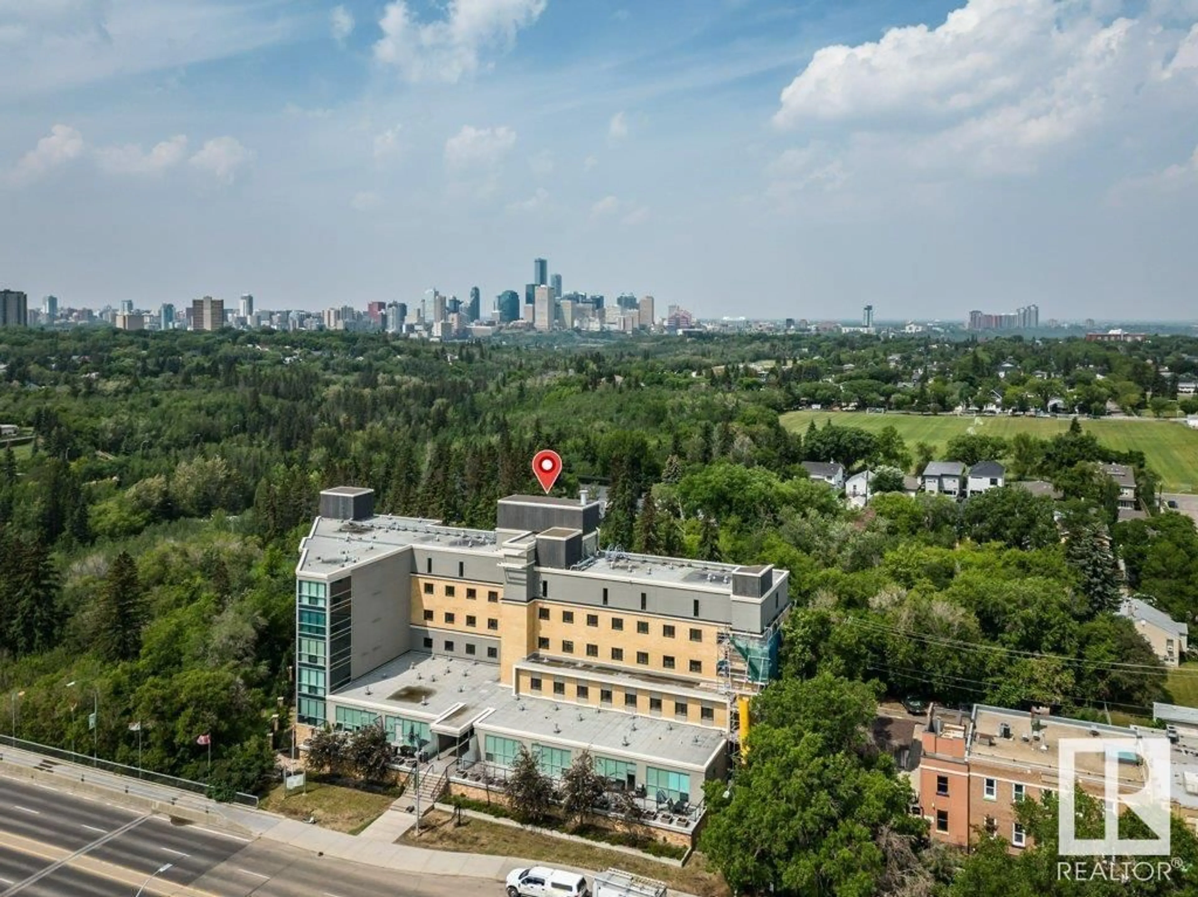 A pic from outside/outdoor area/front of a property/back of a property/a pic from drone, city buildings view from balcony for 105 - 9316 82 AV, Edmonton Alberta T6C0Z6