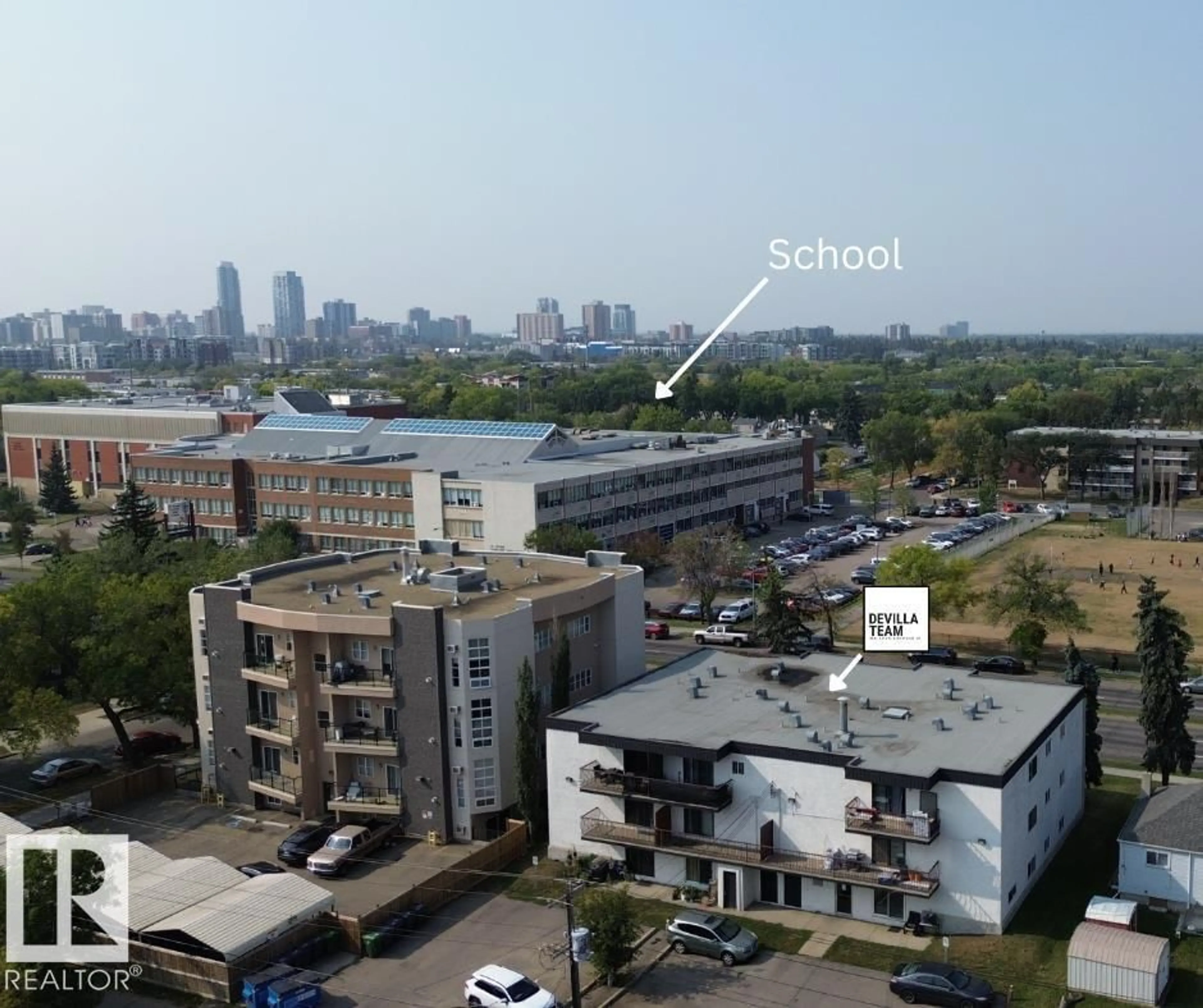 A pic from outside/outdoor area/front of a property/back of a property/a pic from drone, city buildings view from balcony for 205 10917 109 ST NW, Edmonton Alberta T5H3C2