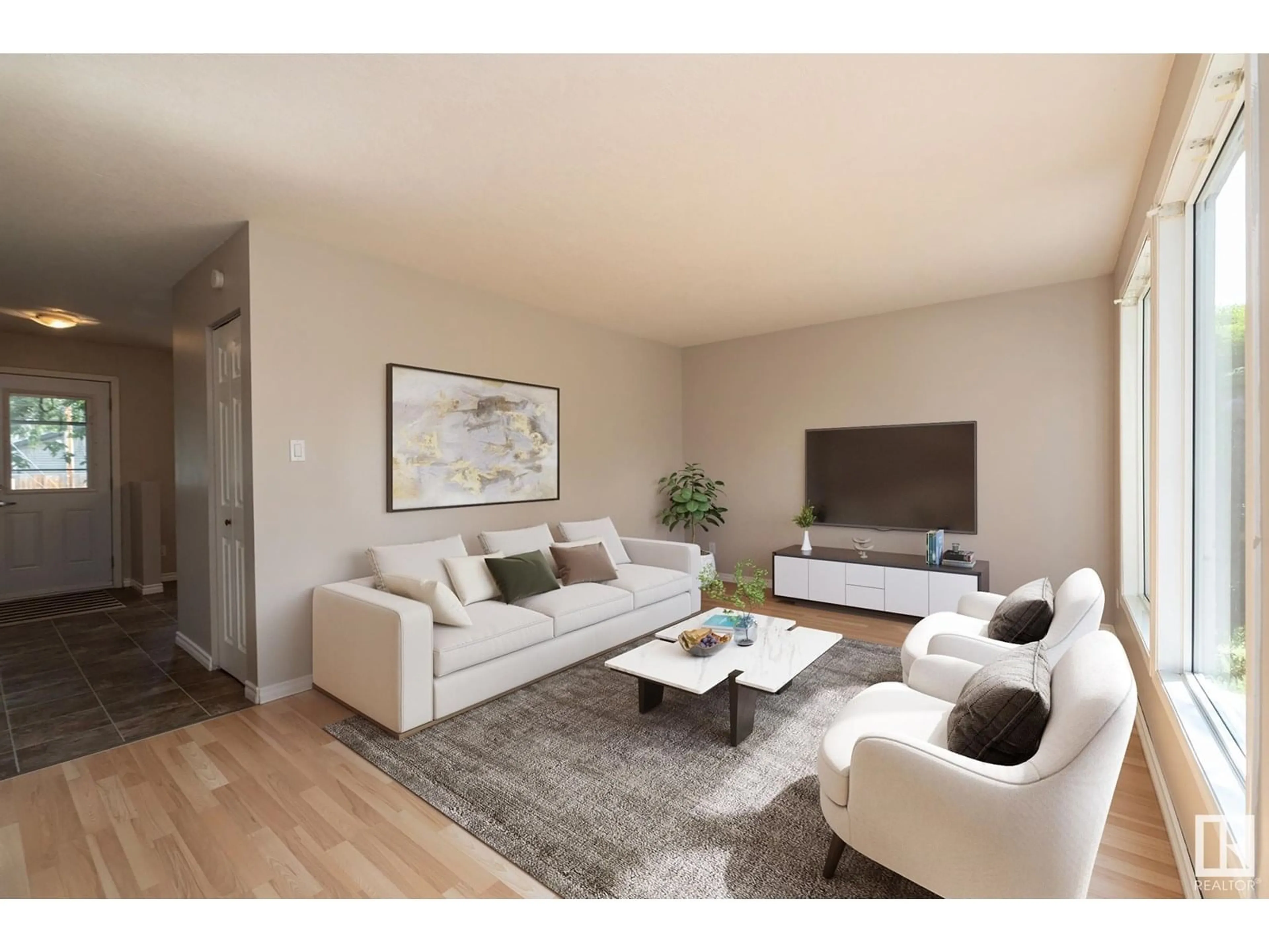 Living room with furniture, wood/laminate floor for 65 ATHABASCA AC, Devon Alberta T9G1L7