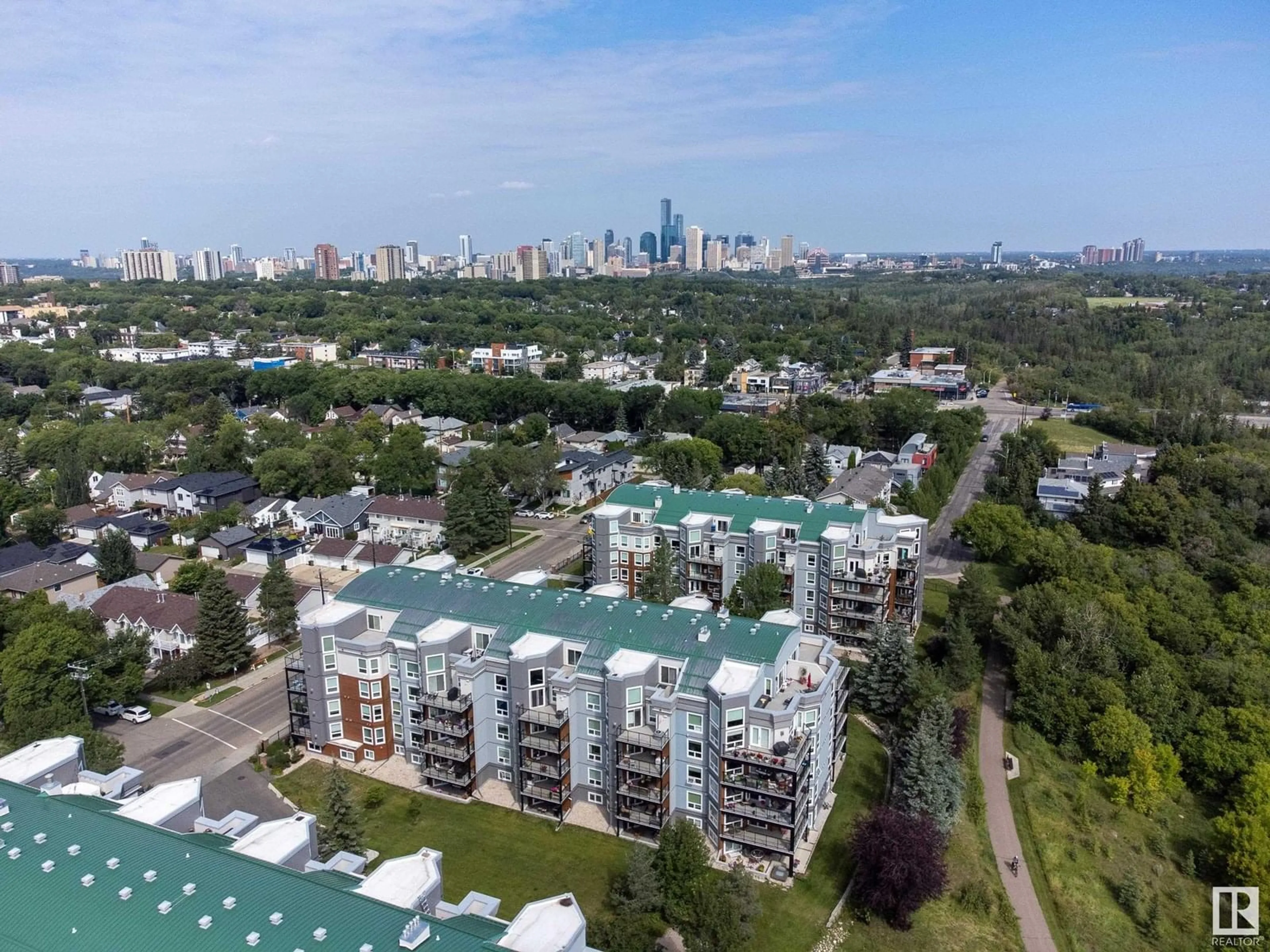 A pic from outside/outdoor area/front of a property/back of a property/a pic from drone, city buildings view from balcony for #408 - 7905 96 ST, Edmonton Alberta T6C4R3