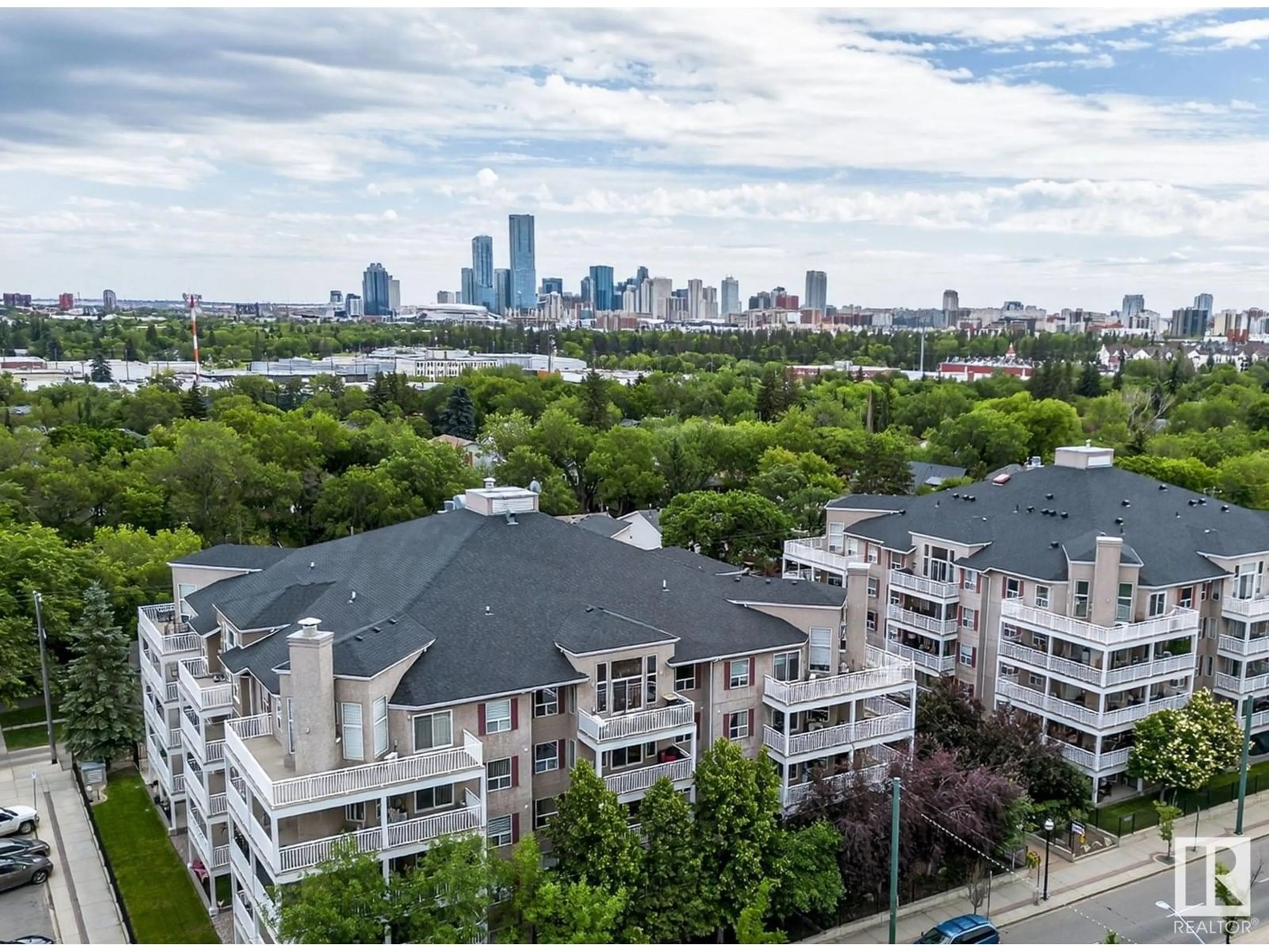 A pic from outside/outdoor area/front of a property/back of a property/a pic from drone, city buildings view from balcony for 410 - 10951 124 ST NW, Edmonton Alberta T5M4E1