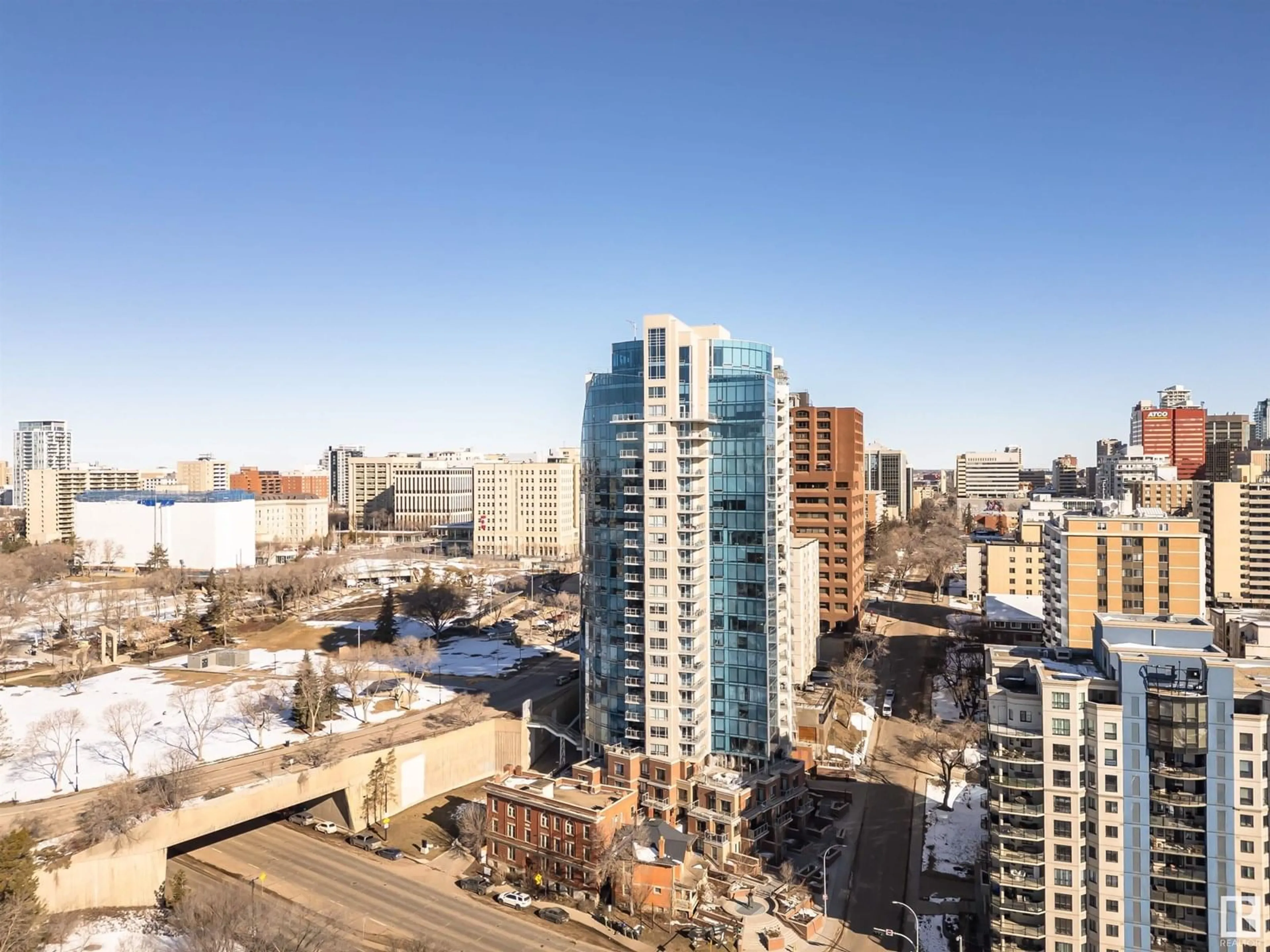 A pic from outside/outdoor area/front of a property/back of a property/a pic from drone, city buildings view from balcony for 705 - 9720 106 ST NW, Edmonton Alberta T5K0K8