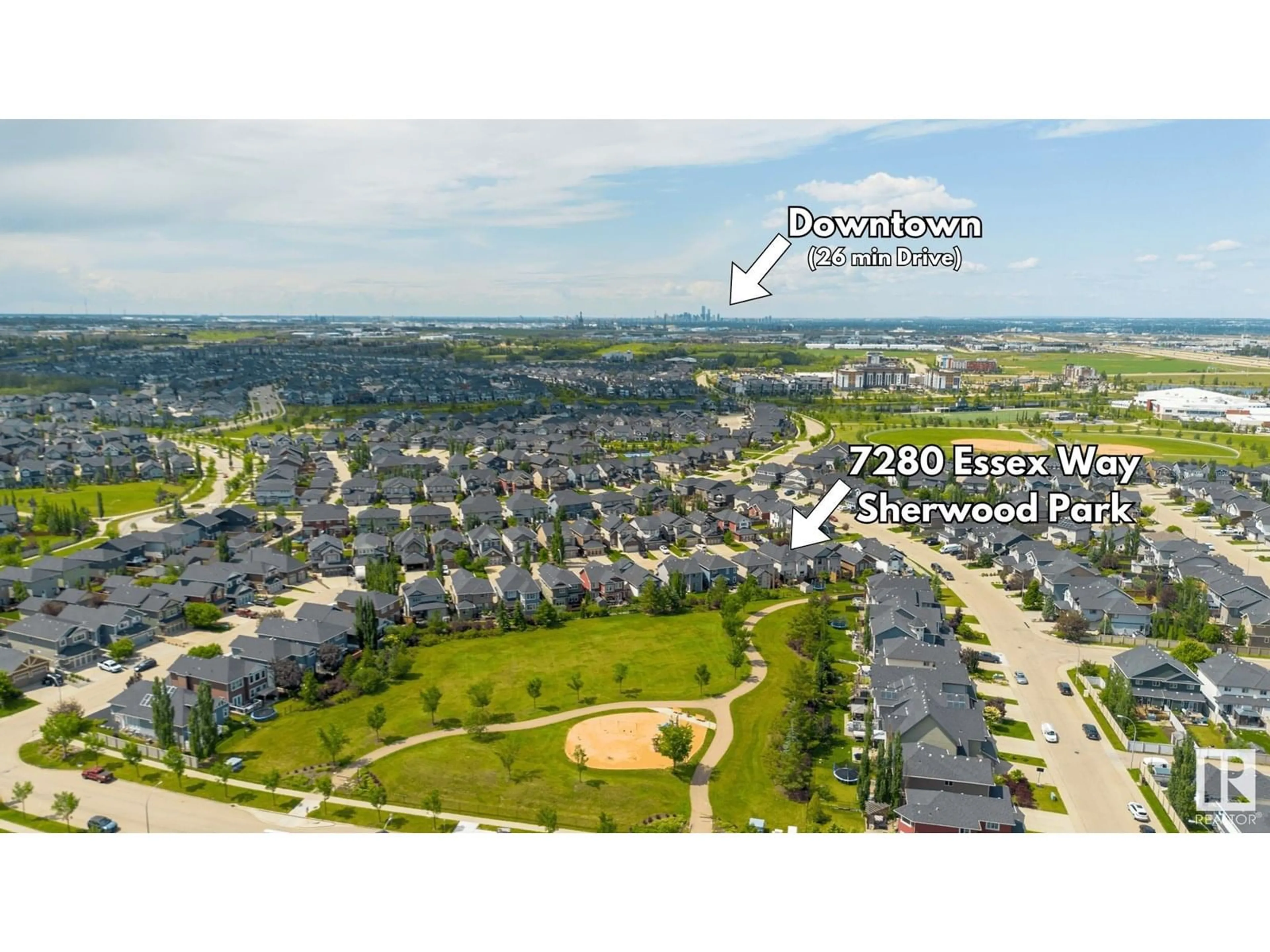 A pic from outside/outdoor area/front of a property/back of a property/a pic from drone, water/lake/river/ocean view for 7280 ESSEX WY, Sherwood Park Alberta T8H0L2