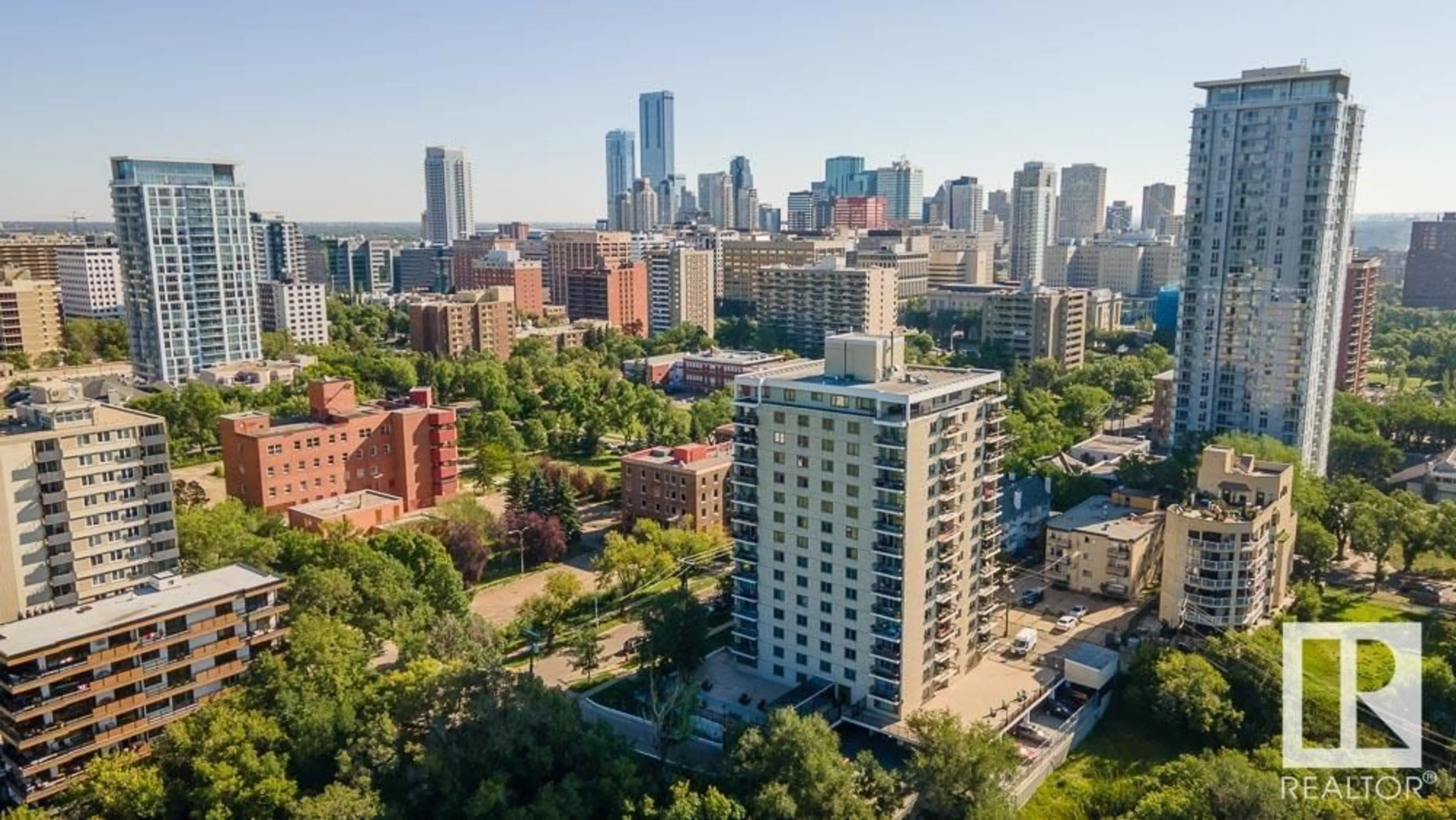 A pic from outside/outdoor area/front of a property/back of a property/a pic from drone, city buildings view from balcony for #101 - 9737 112 ST, Edmonton Alberta T5K1L3