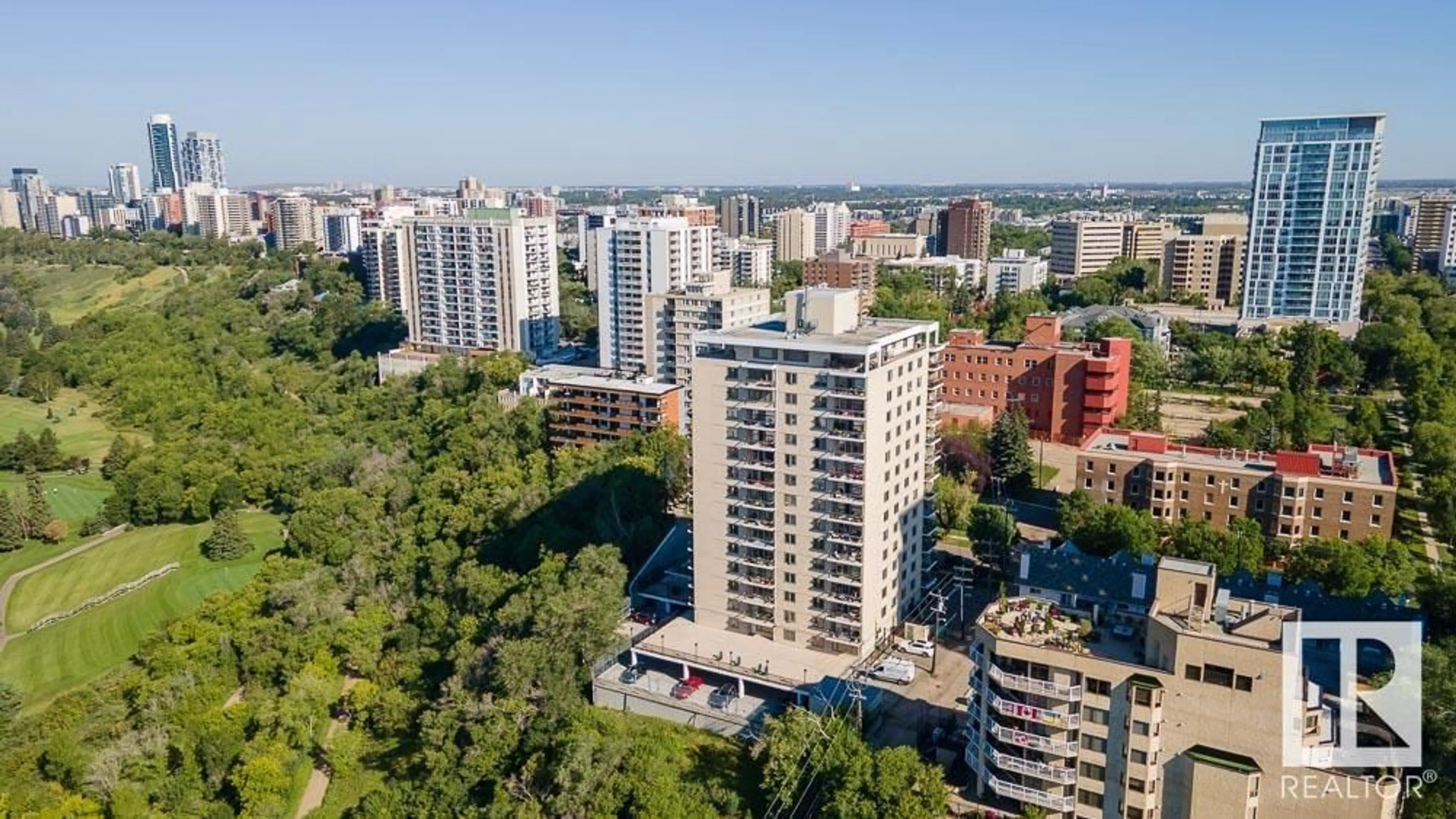 A pic from outside/outdoor area/front of a property/back of a property/a pic from drone, city buildings view from balcony for #101 - 9737 112 ST, Edmonton Alberta T5K1L3
