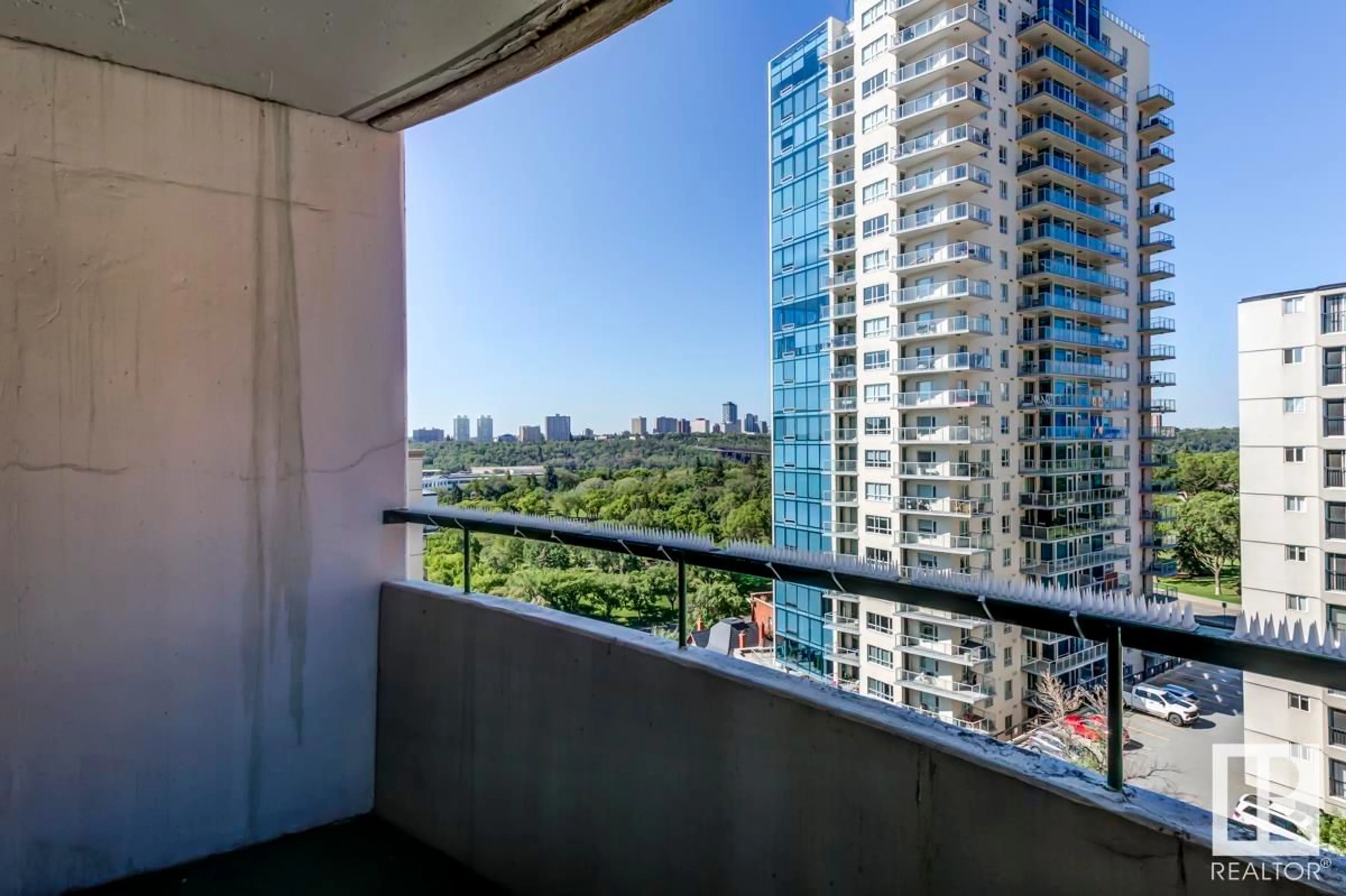 Balcony in the apartment, city buildings view from balcony for 1101 - 9725 106 ST, Edmonton Alberta T5K1B5
