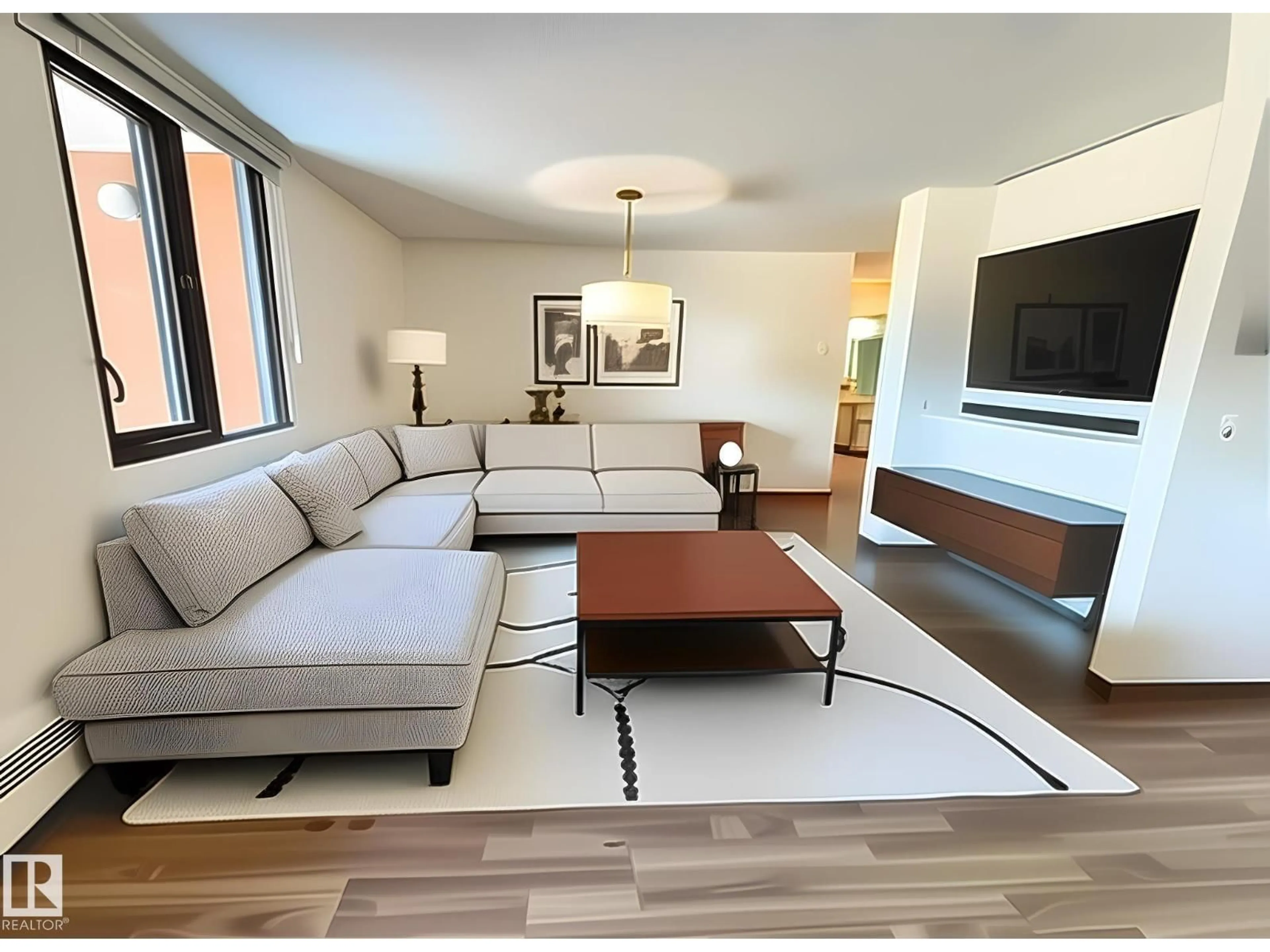 Living room with furniture, wood/laminate floor for #409 - 10145 109 ST, Edmonton Alberta T5J3M5