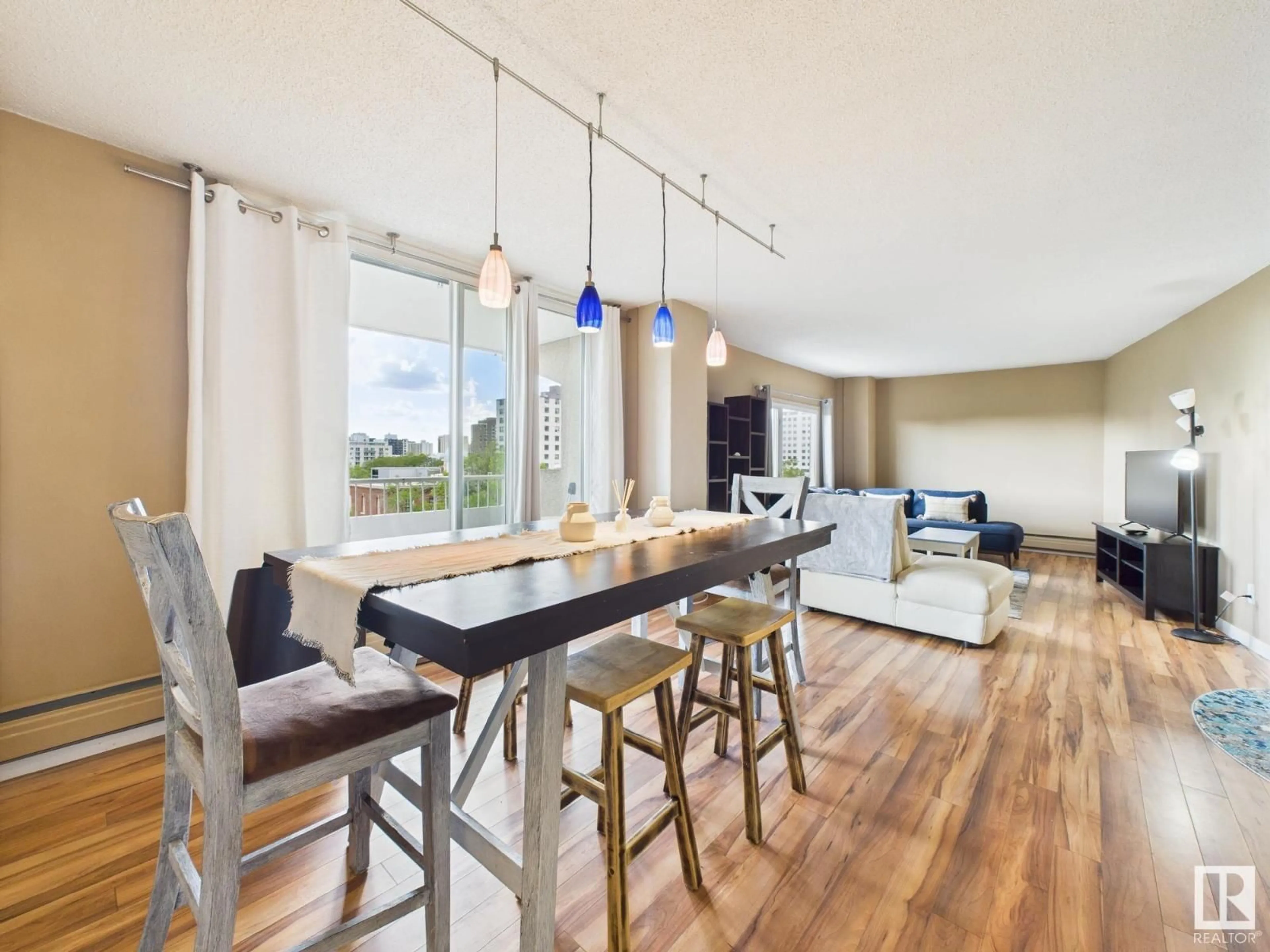 Open concept kitchen, wood/laminate floor for 603 - 9909 110 ST, Edmonton Alberta T5K2E5