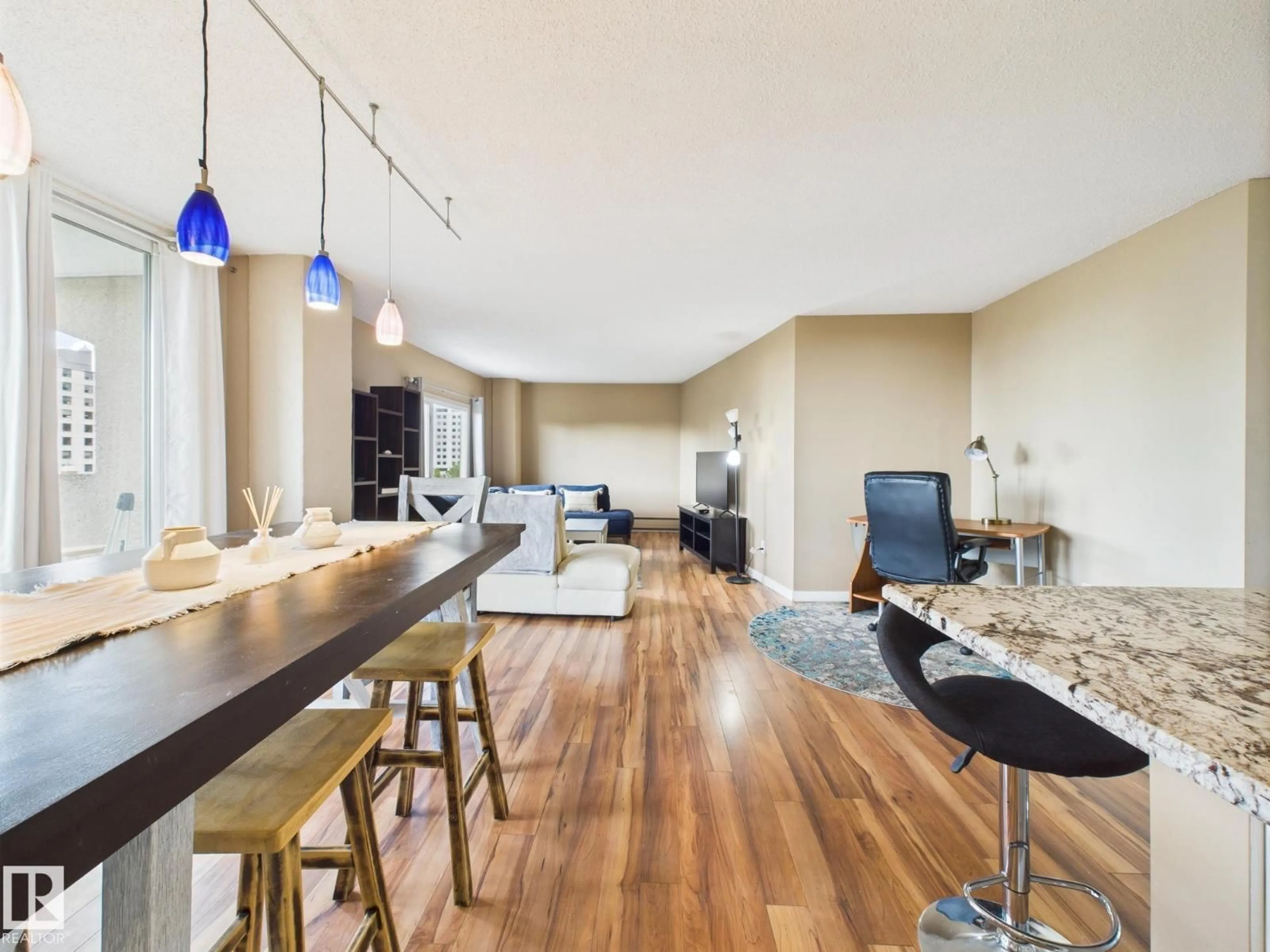 Open concept kitchen, wood/laminate floor for 603 - 9909 110 ST, Edmonton Alberta T5K2E5