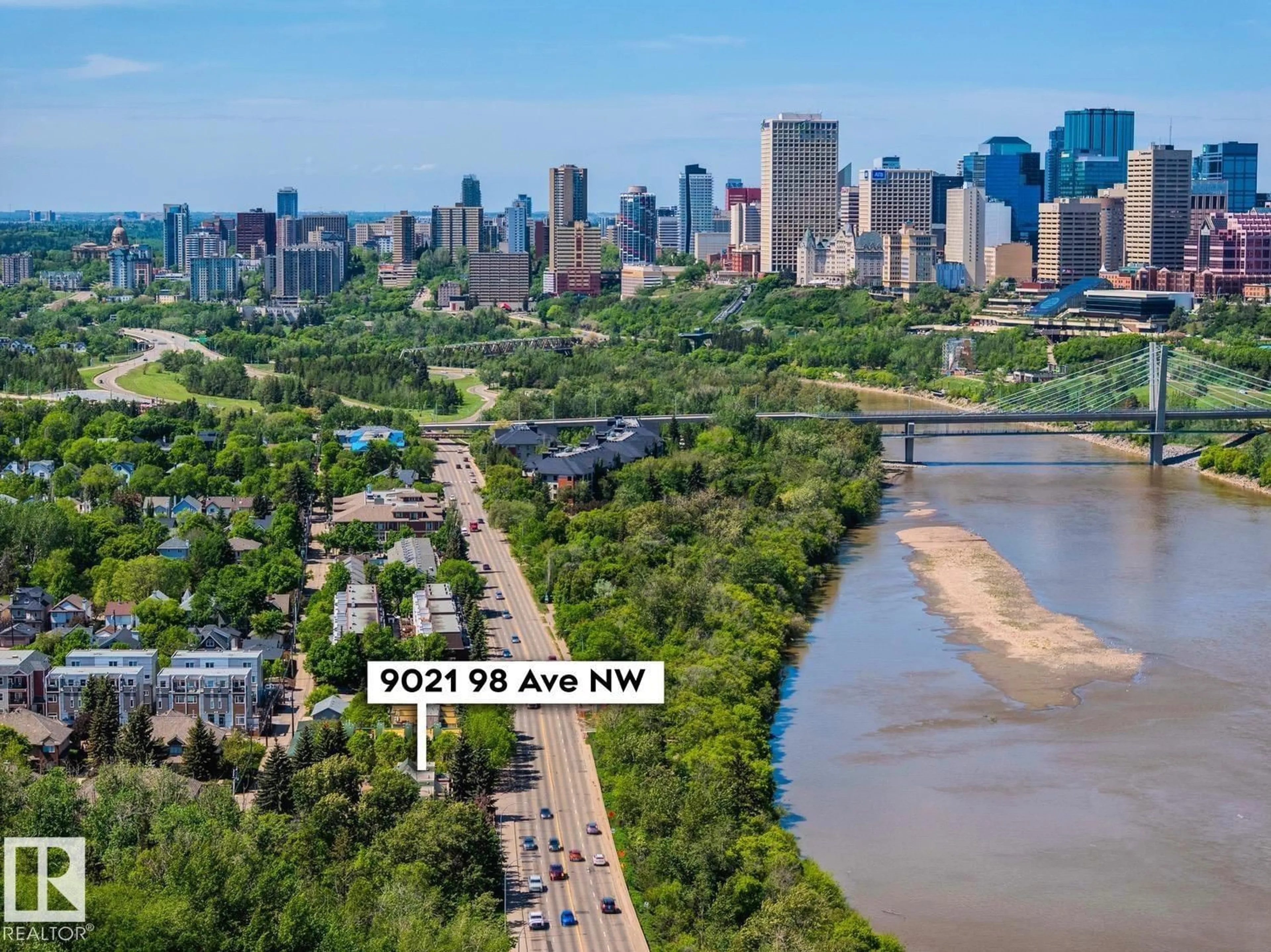 A pic from outside/outdoor area/front of a property/back of a property/a pic from drone, water/lake/river/ocean view for 9021 98 AV, Edmonton Alberta T6C4P2
