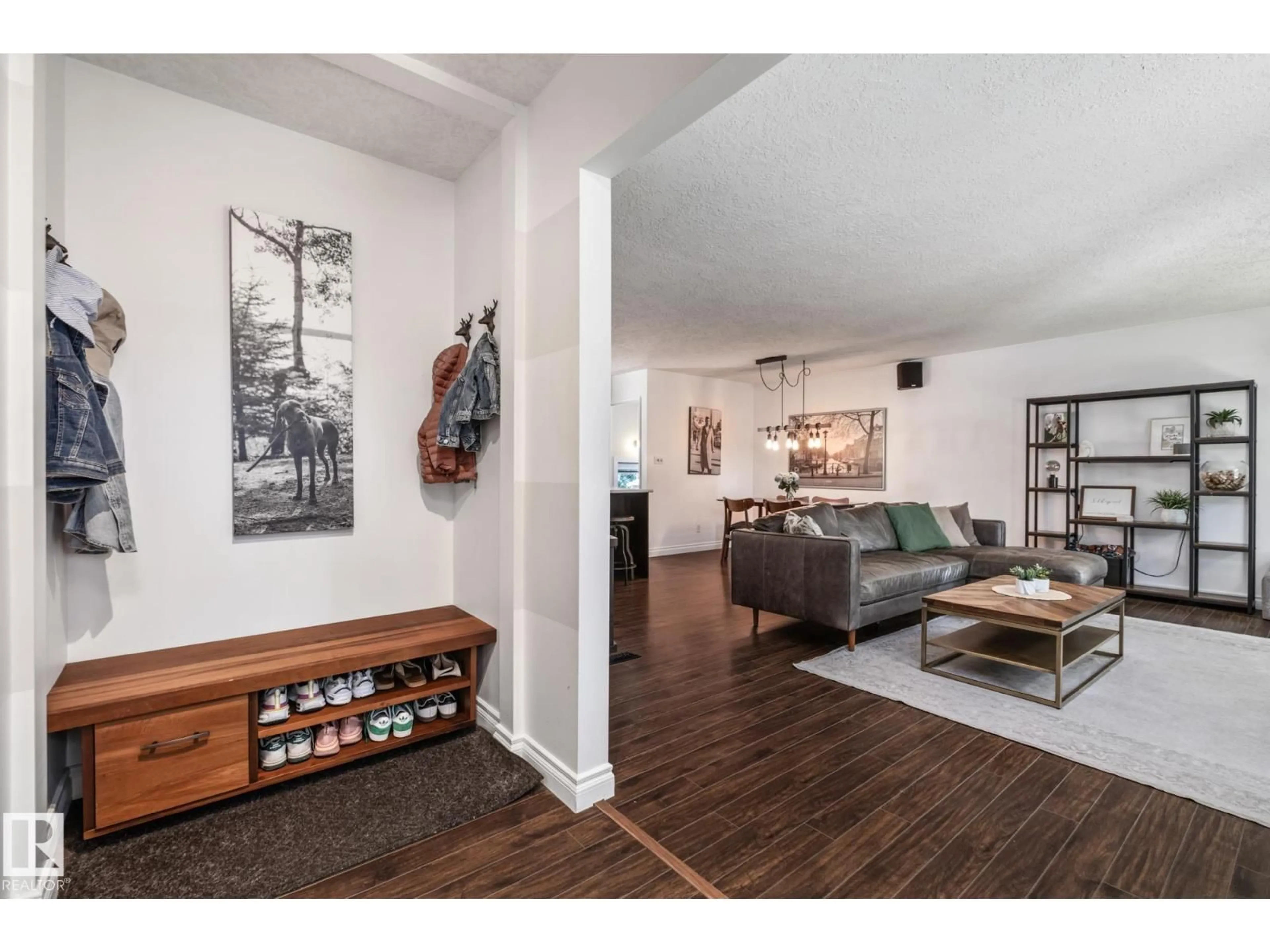 Living room with furniture, wood/laminate floor for 72 FLINT CR, St. Albert Alberta T8N1Y8