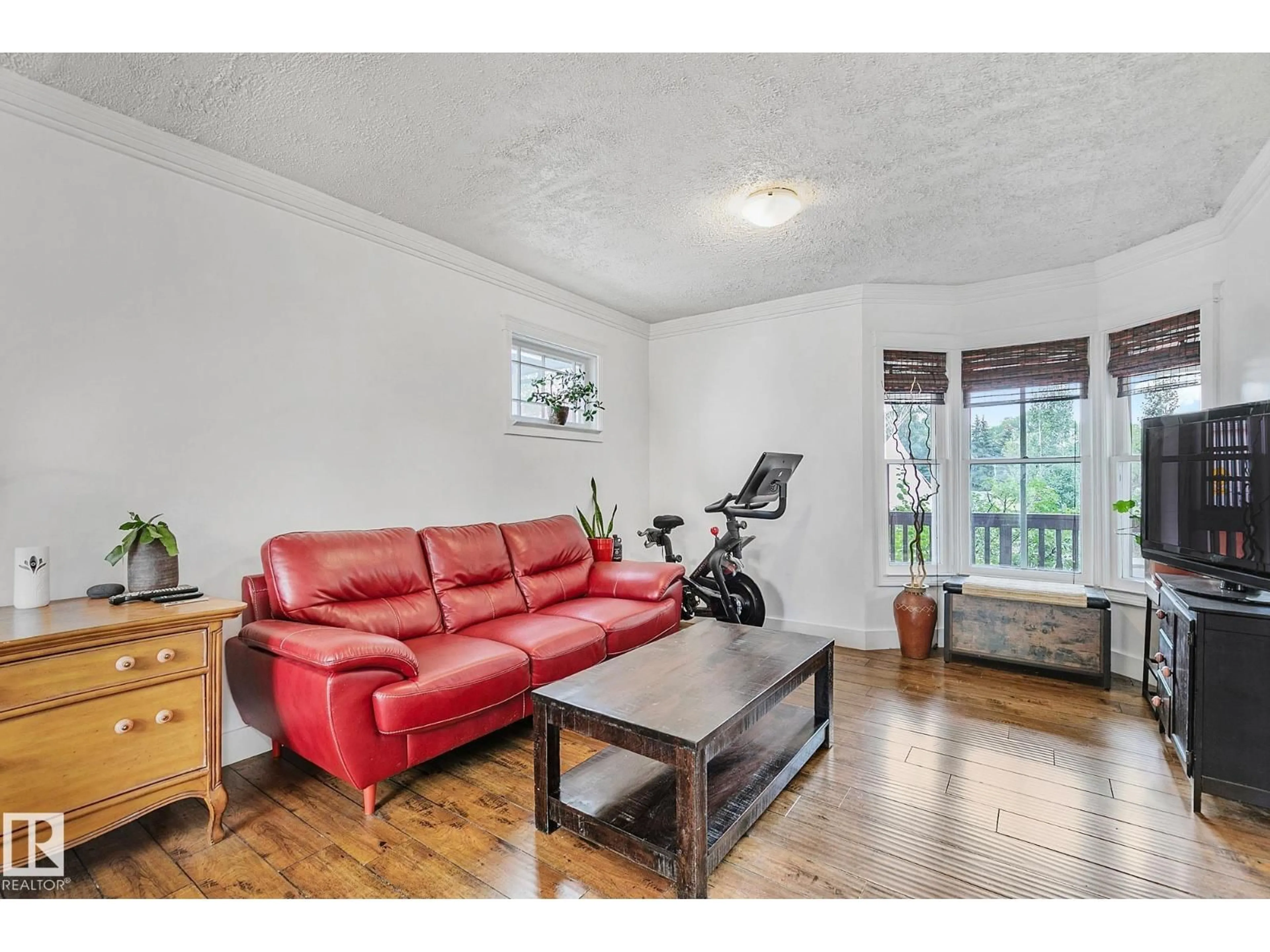 Living room with furniture, wood/laminate floor for NW - 11606 86 ST, Edmonton Alberta T5B3J6