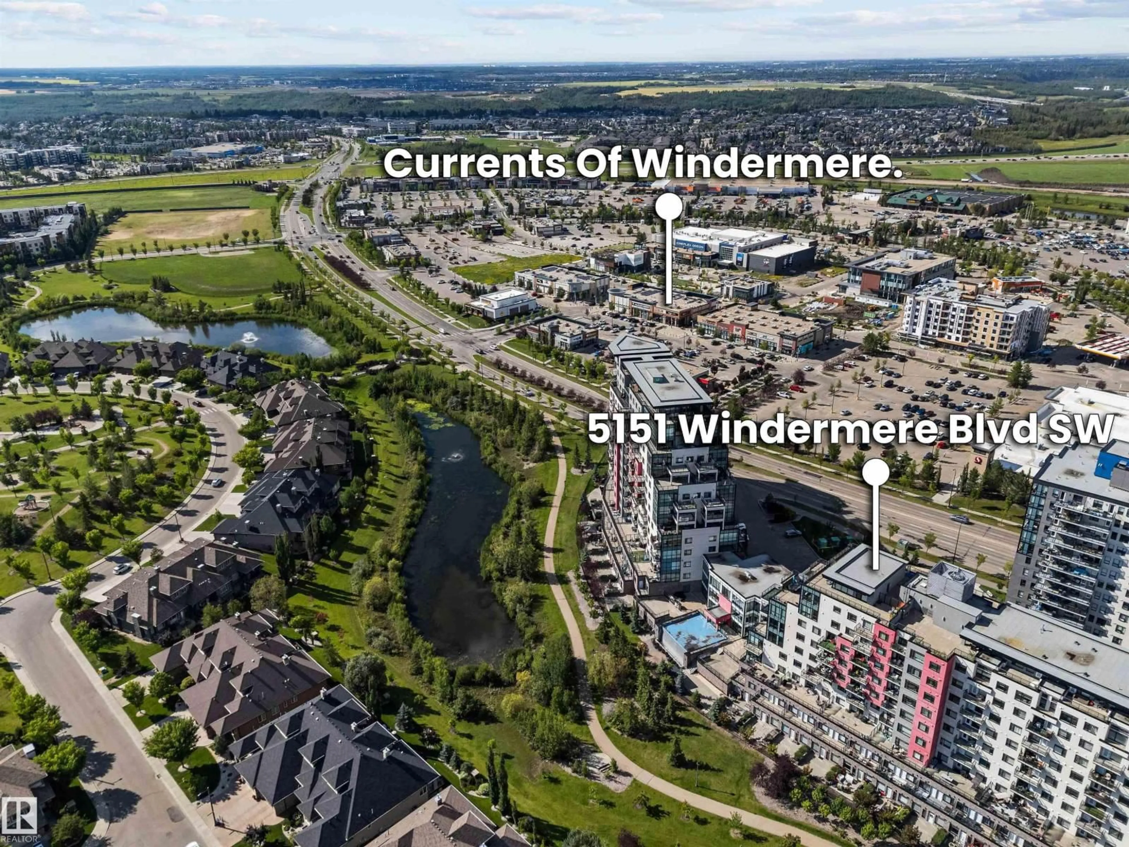 A pic from outside/outdoor area/front of a property/back of a property/a pic from drone, water/lake/river/ocean view for 5151 - 329 WINDERMERE BV, Edmonton Alberta T6W2K4