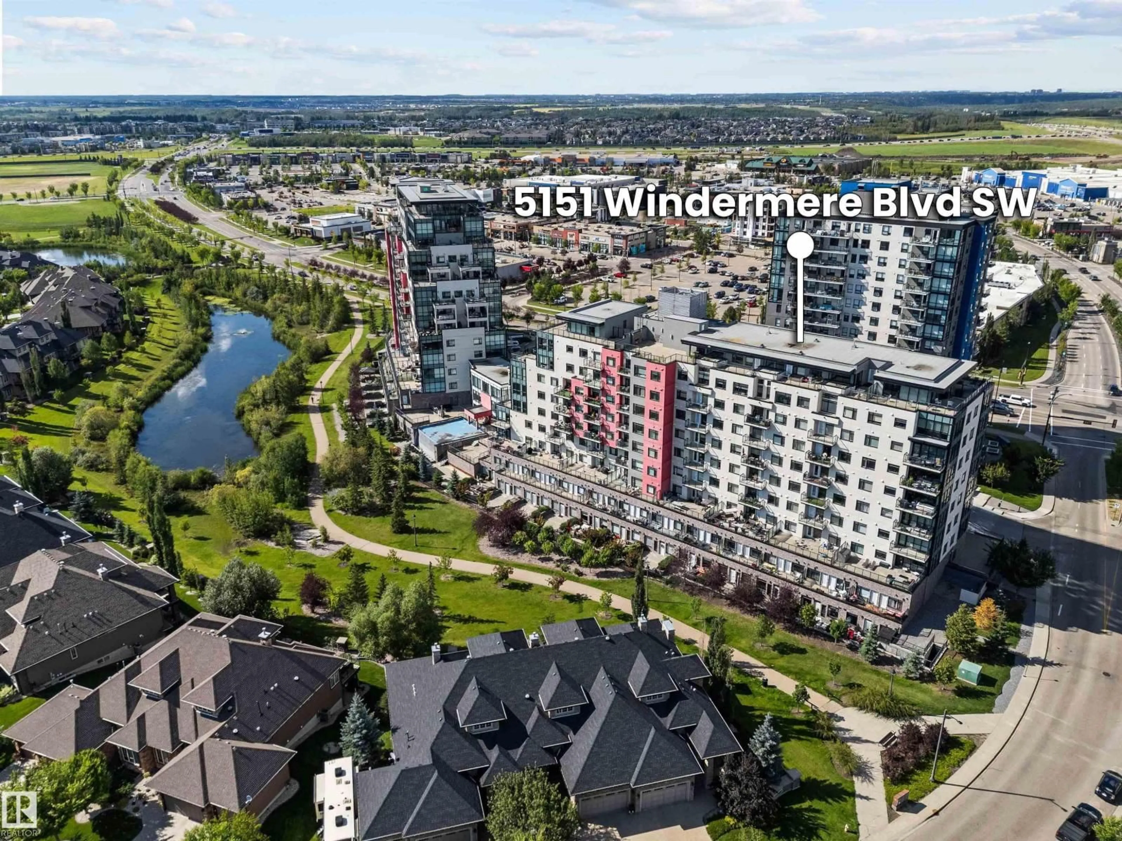 A pic from outside/outdoor area/front of a property/back of a property/a pic from drone, water/lake/river/ocean view for 5151 - 329 WINDERMERE BV, Edmonton Alberta T6W2K4
