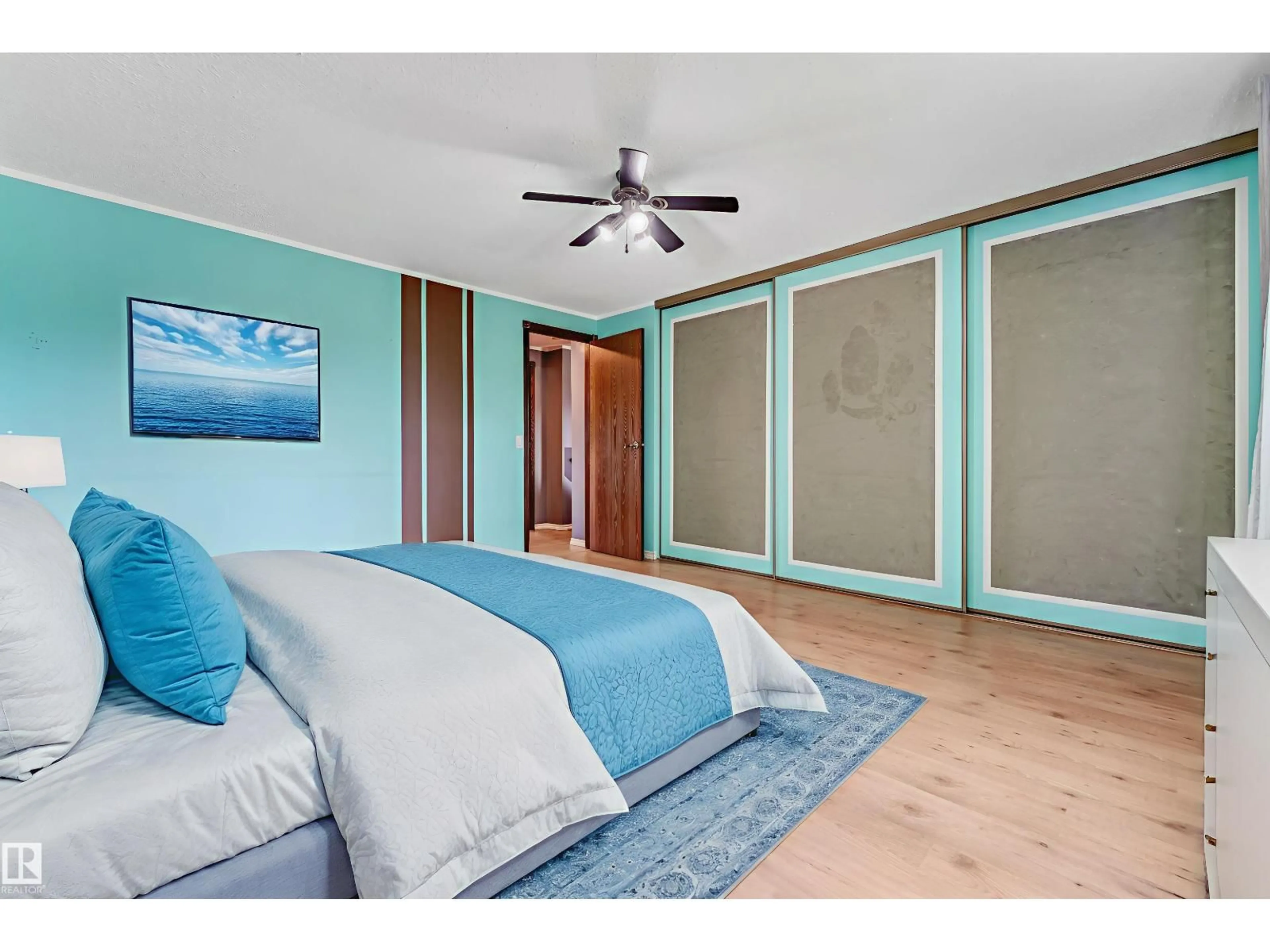 Bedroom with bed, wood/laminate floor for 1303 37 ST, Edmonton Alberta T6L2N1