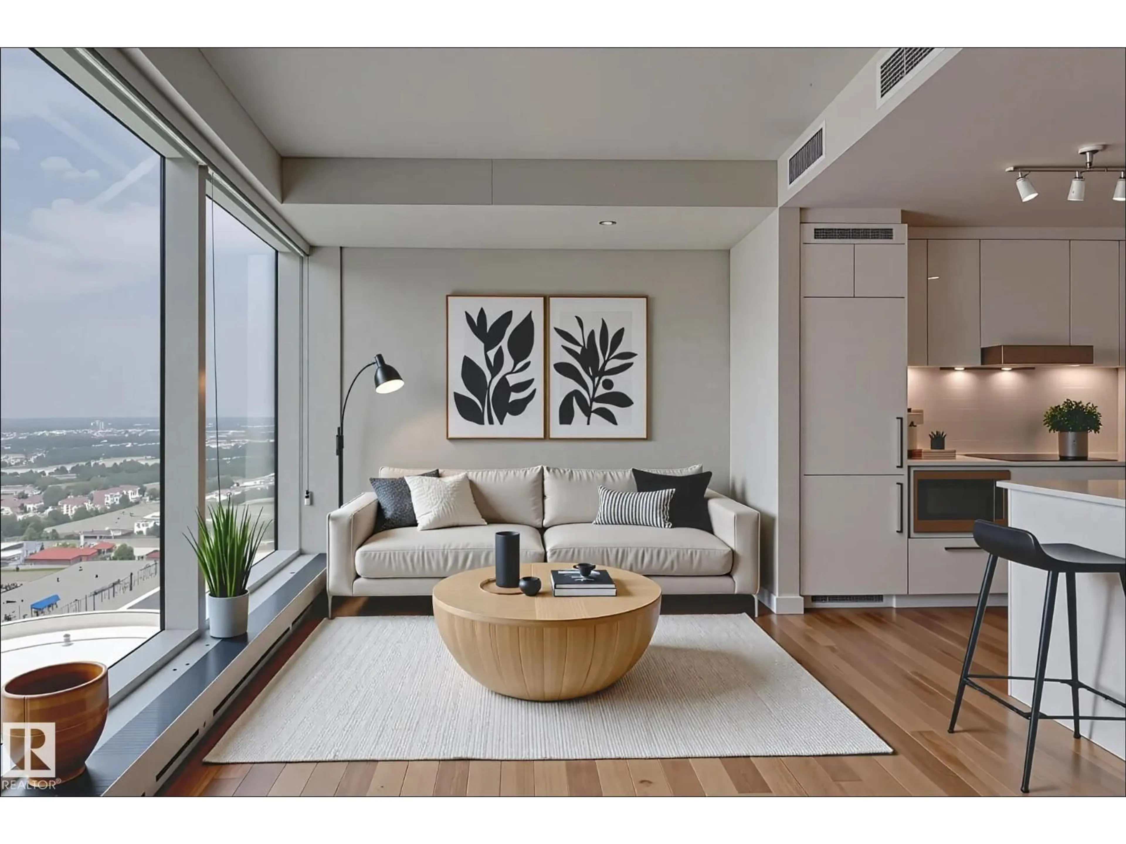 Living room with furniture, wood/laminate floor for 10360 - 3012 102 ST, Edmonton Alberta T5J0K6