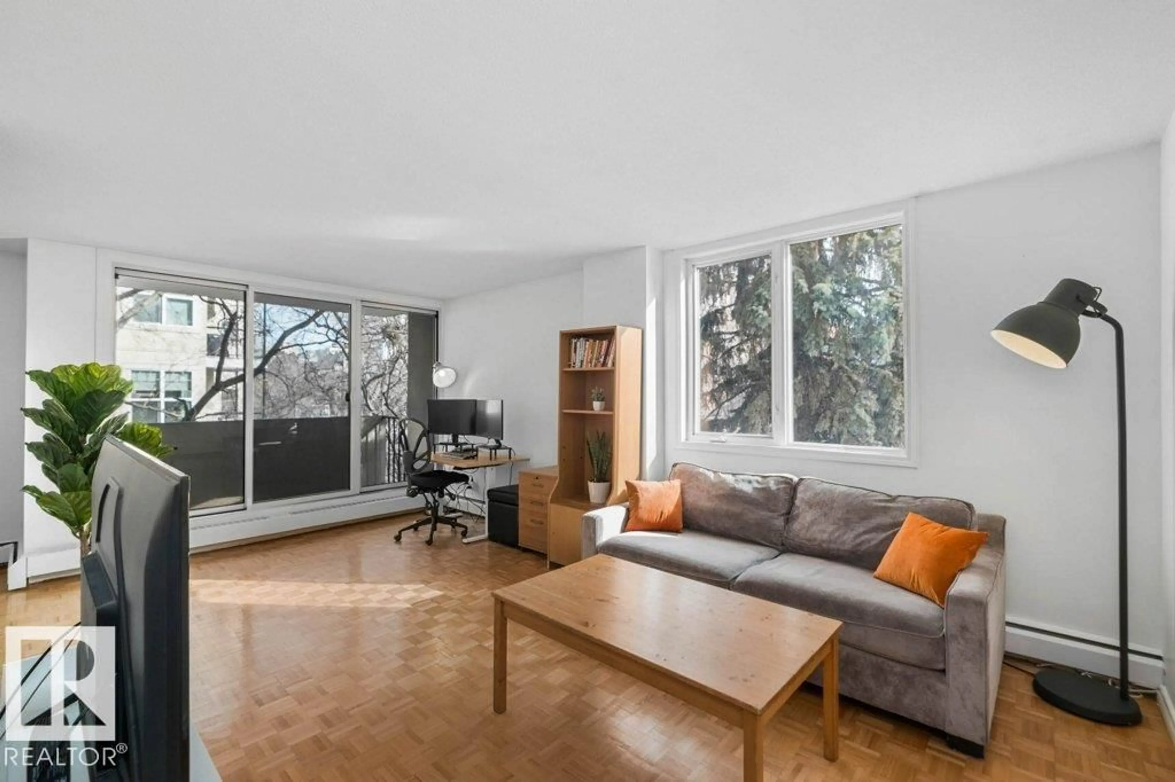 Living room with furniture, wood/laminate floor for #306 - 9816 112 ST, Edmonton Alberta T5K1L5