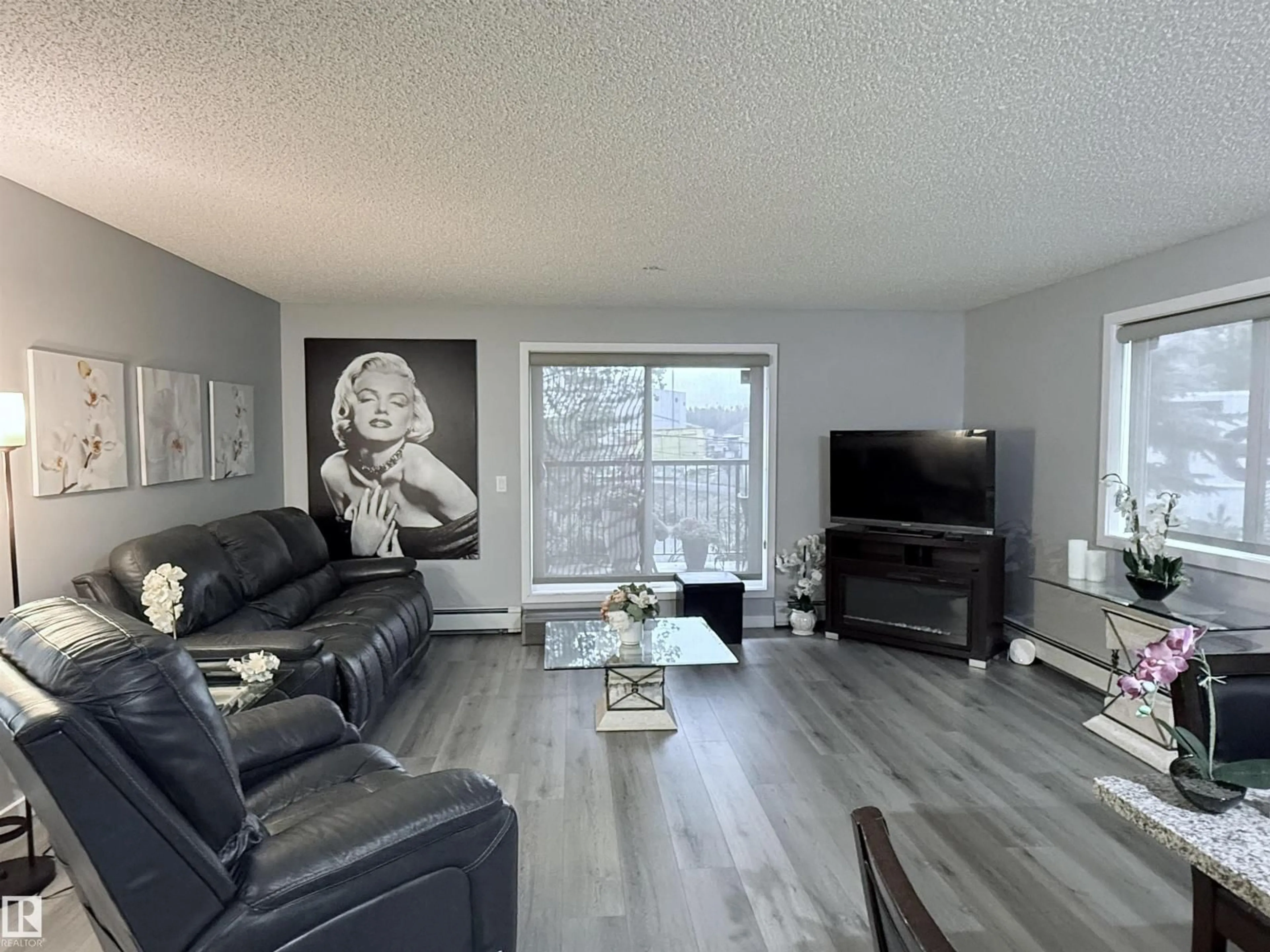 Living room with furniture, wood/laminate floor for #104 - 14808 125 ST NW, Edmonton Alberta T5X0G1