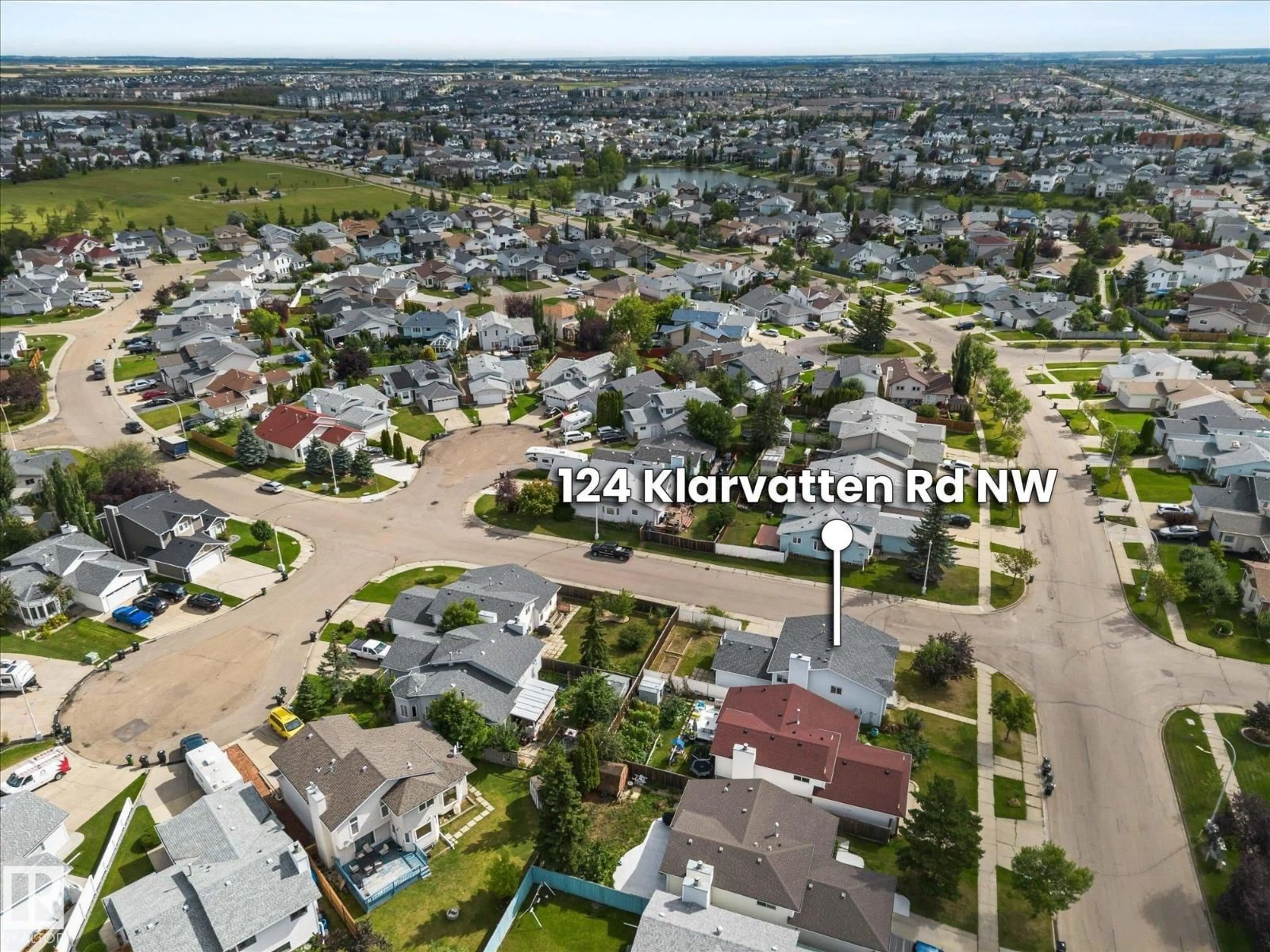 A pic from outside/outdoor area/front of a property/back of a property/a pic from drone, water/lake/river/ocean view for 124 KLARVATTEN RD, Edmonton Alberta T5Z2X4