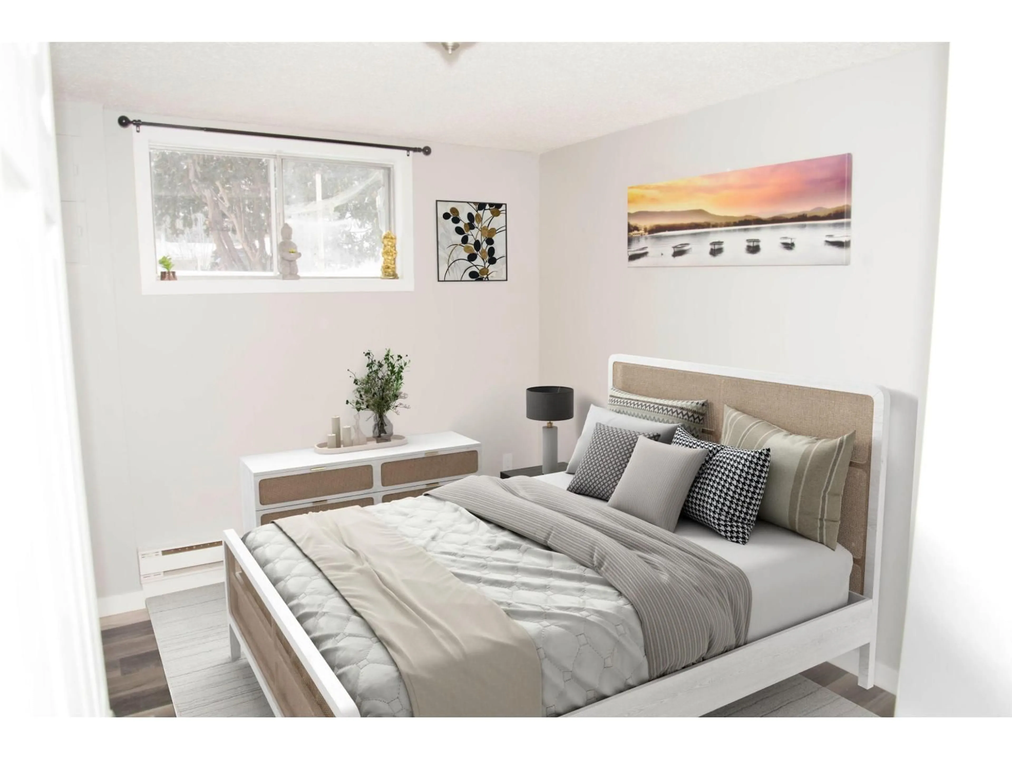 Bedroom with bed, wood/laminate floor for NW - 12730 113A ST, Edmonton Alberta T5E5B3