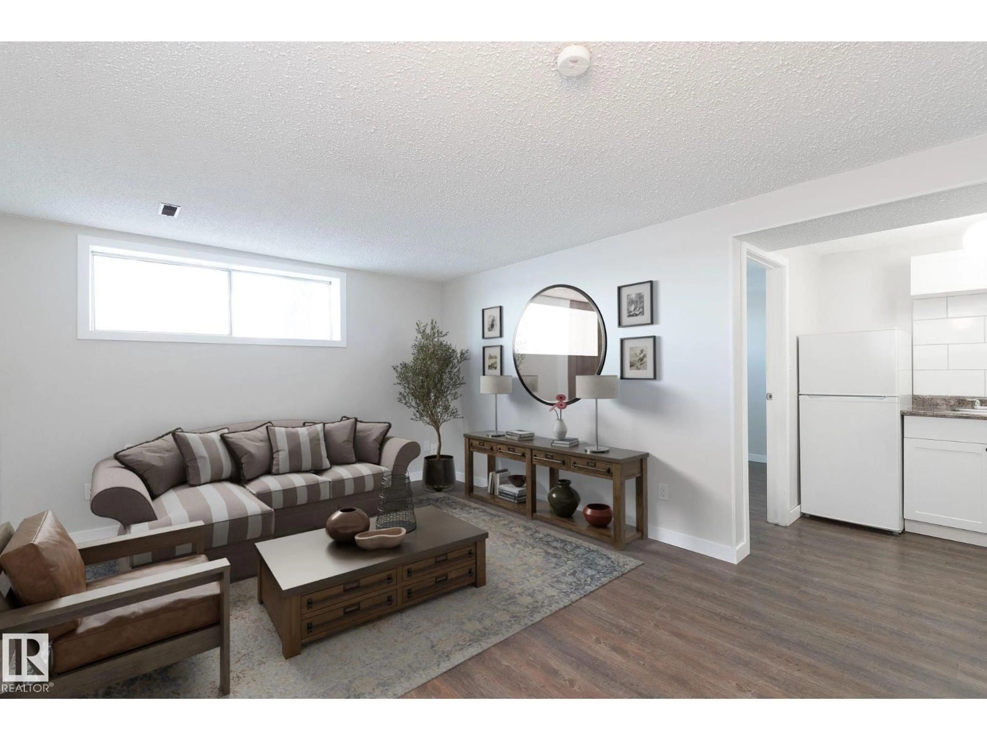 Living room with furniture, wood/laminate floor for NW - 12732 113A ST, Edmonton Alberta T5E5B3