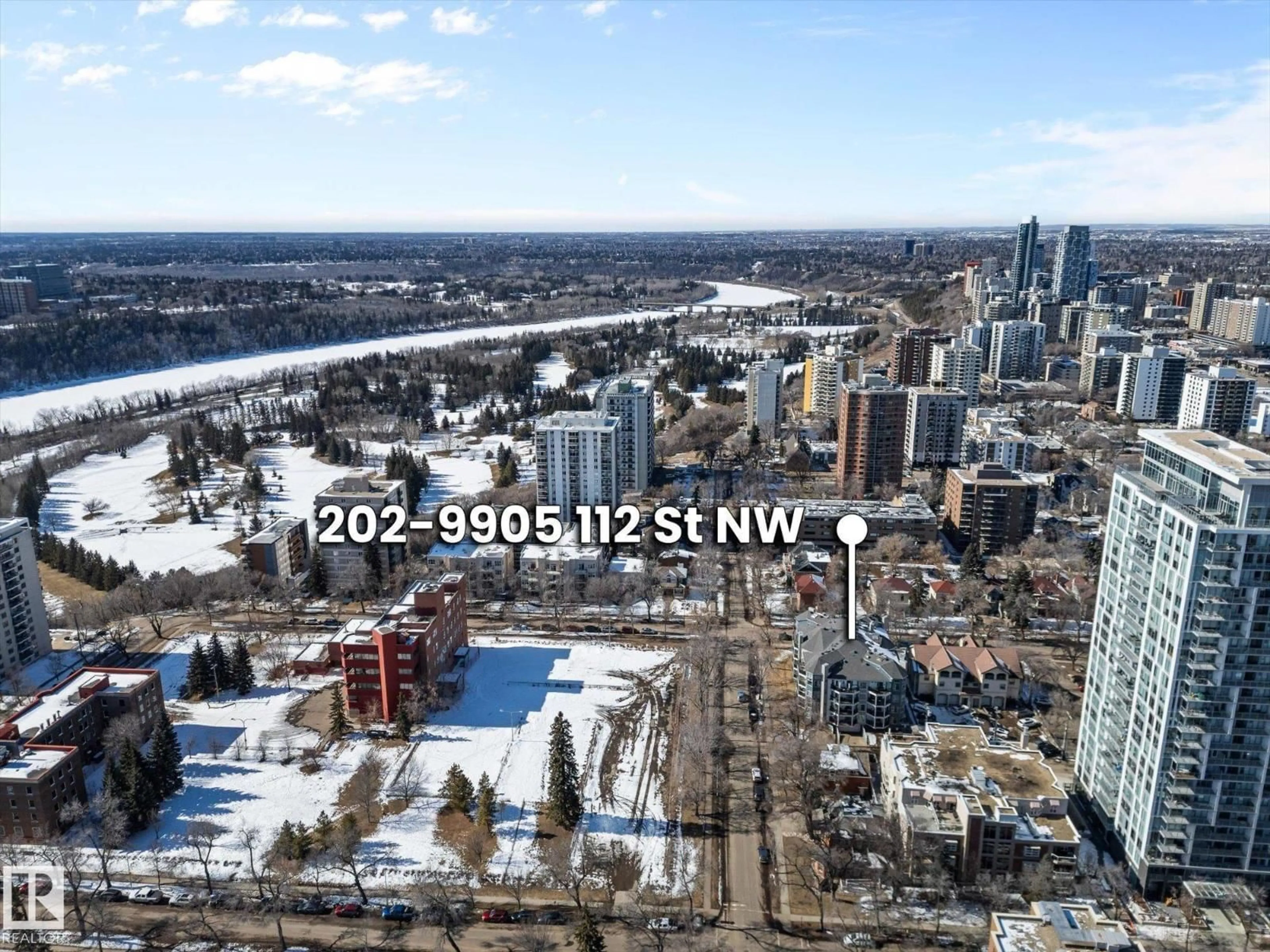 A pic from outside/outdoor area/front of a property/back of a property/a pic from drone, city buildings view from balcony for #202 - 9905 112 ST NW, Edmonton Alberta T5K1L6