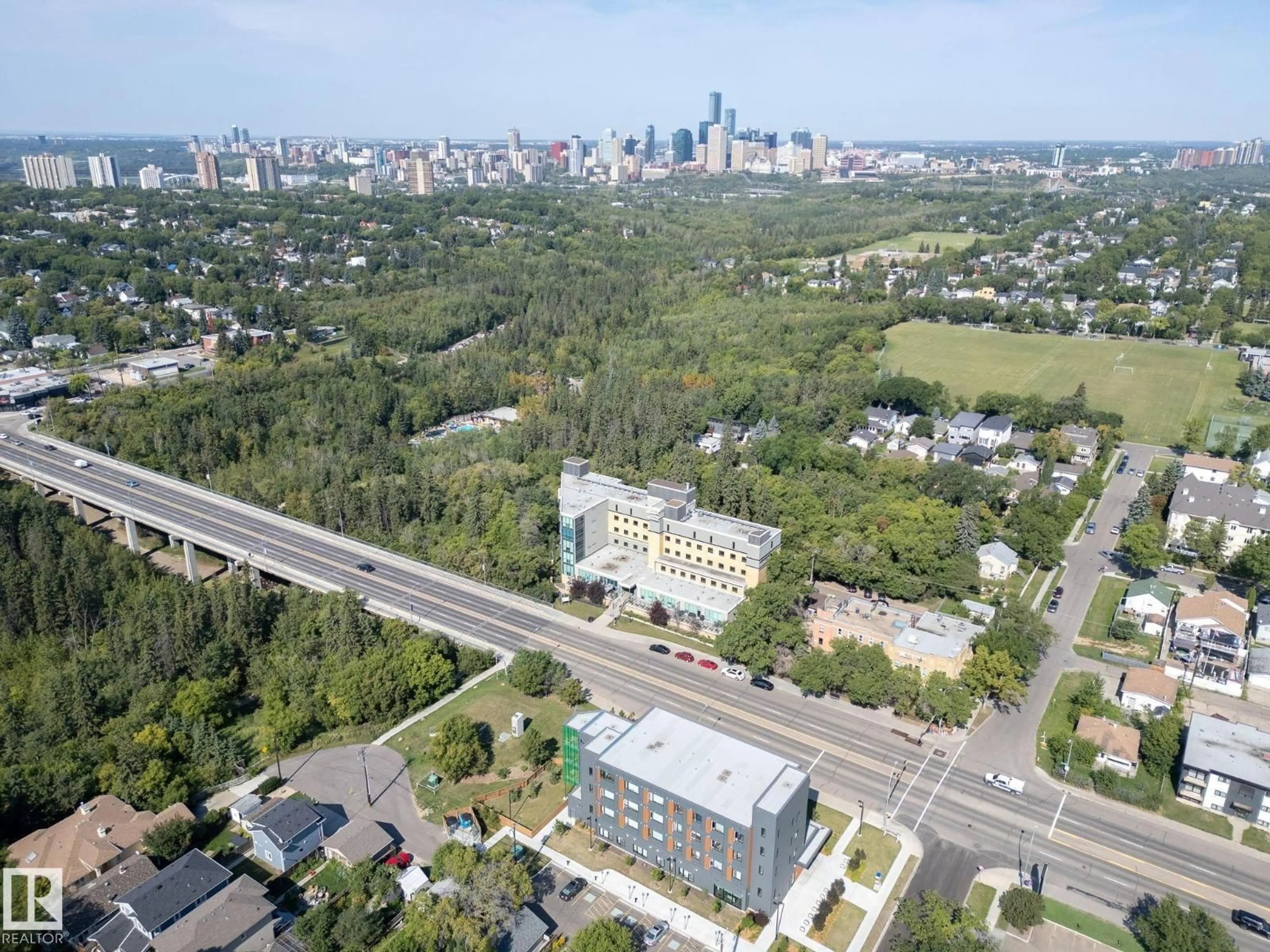 A pic from outside/outdoor area/front of a property/back of a property/a pic from drone, city buildings view from balcony for #306 - 9316 82 AV, Edmonton Alberta T6C0Z6