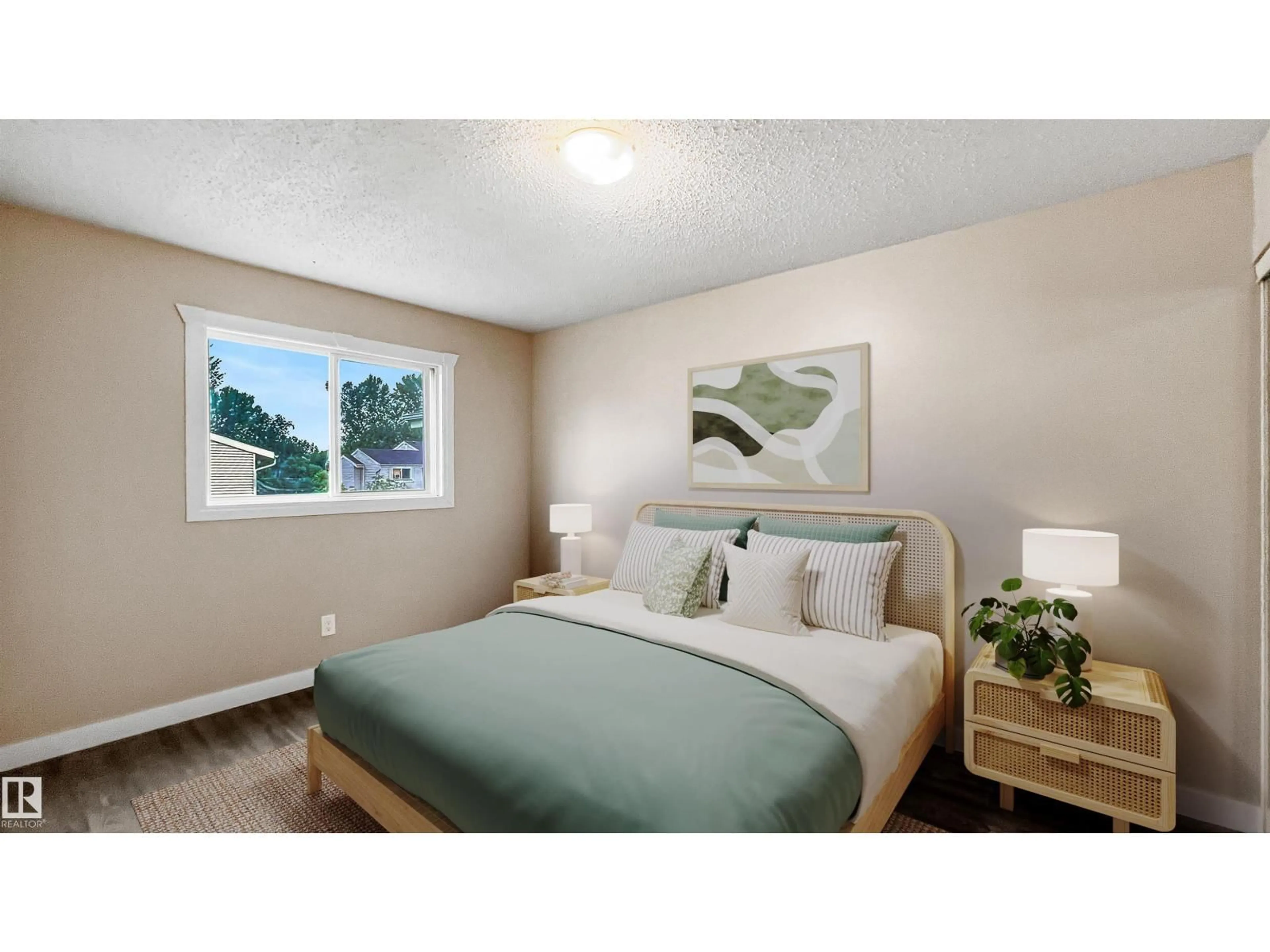 Bedroom with bed, wood/laminate floor for 11 ATHABASCA AC, Devon Alberta T9G1L8