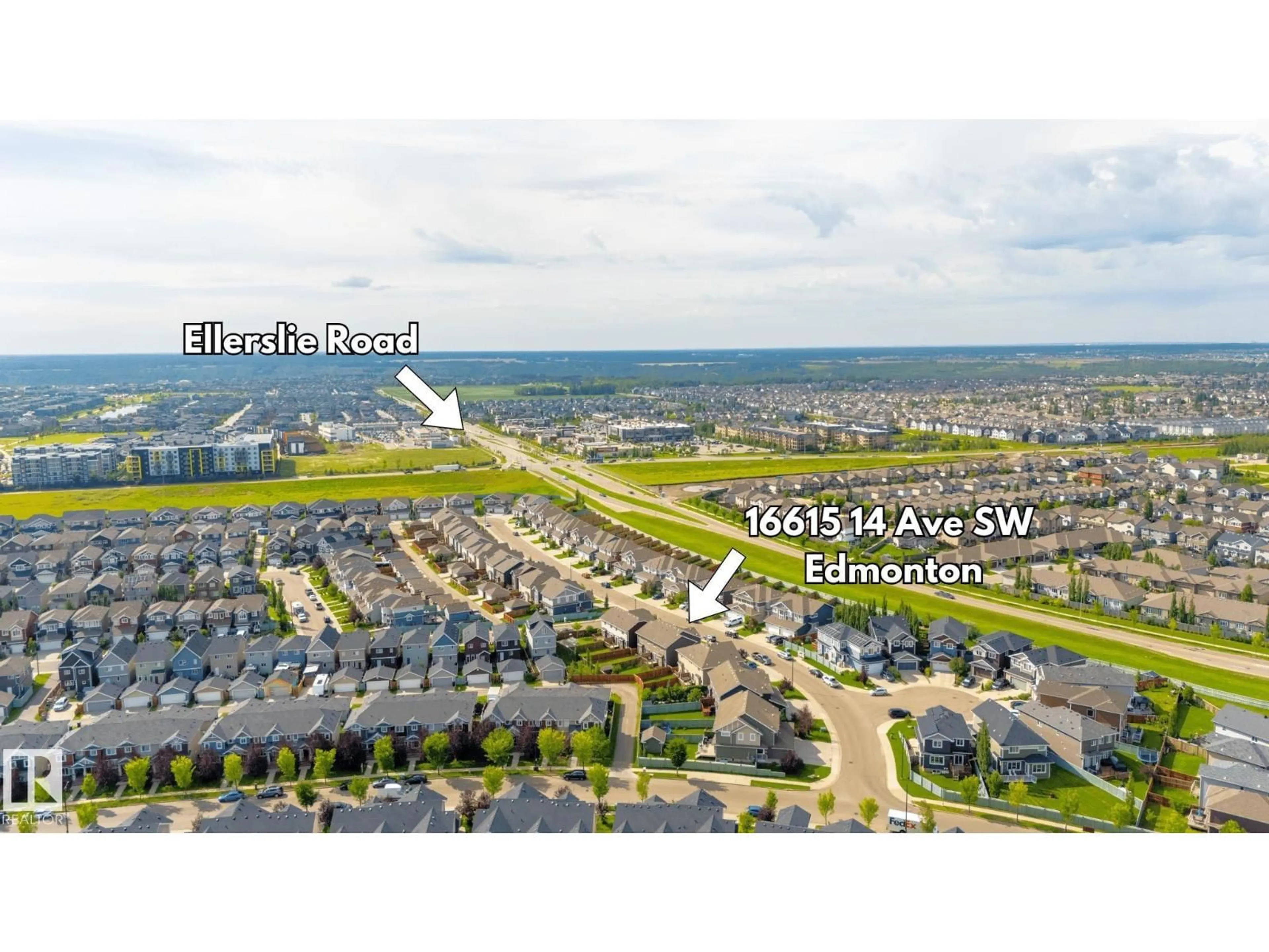 A pic from outside/outdoor area/front of a property/back of a property/a pic from drone, water/lake/river/ocean view for 16615 14 AV, Edmonton Alberta T6W3C3