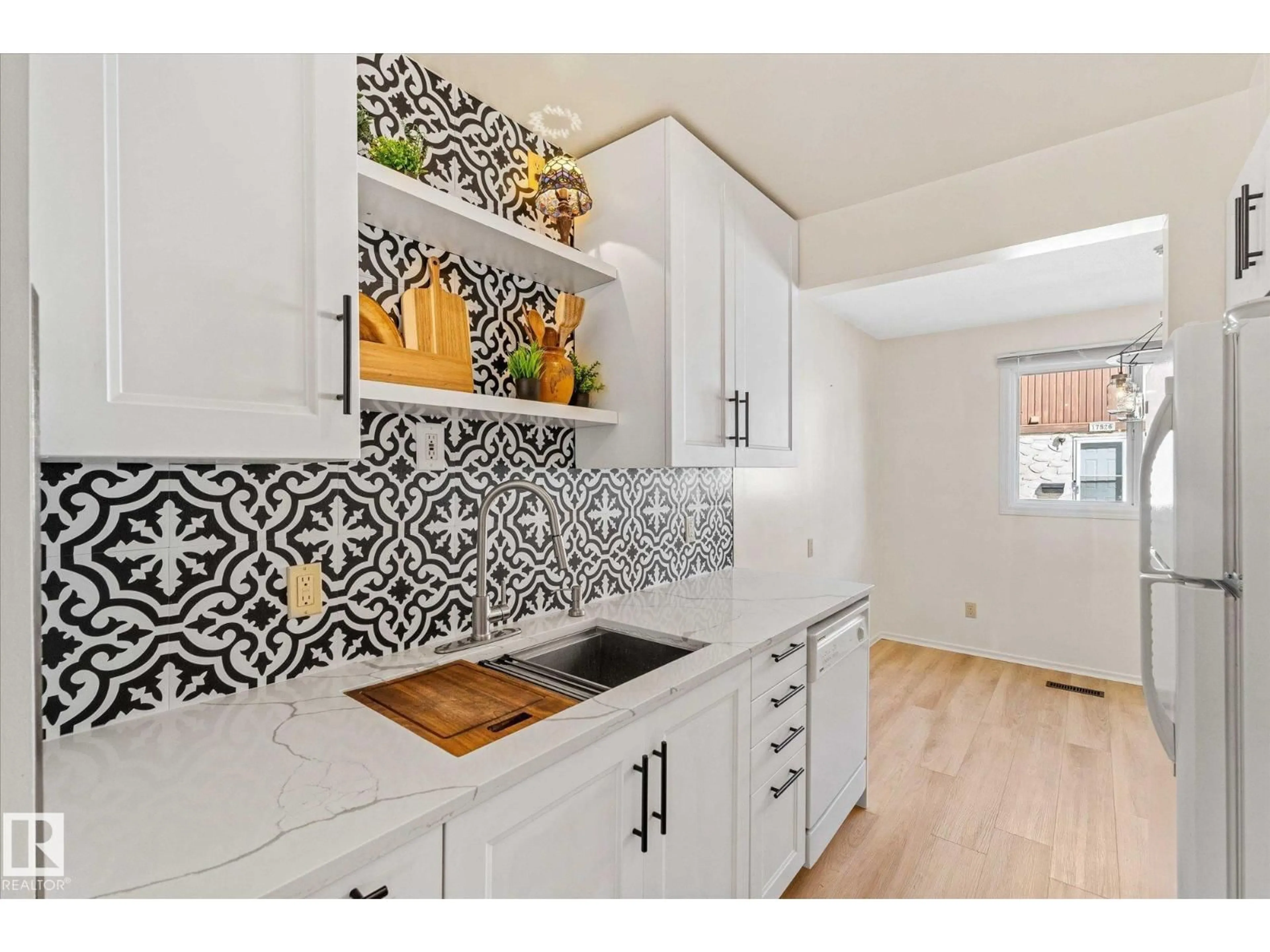 Open concept kitchen, ceramic/tile floor for 17528 76 AV, Edmonton Alberta T5T0H8