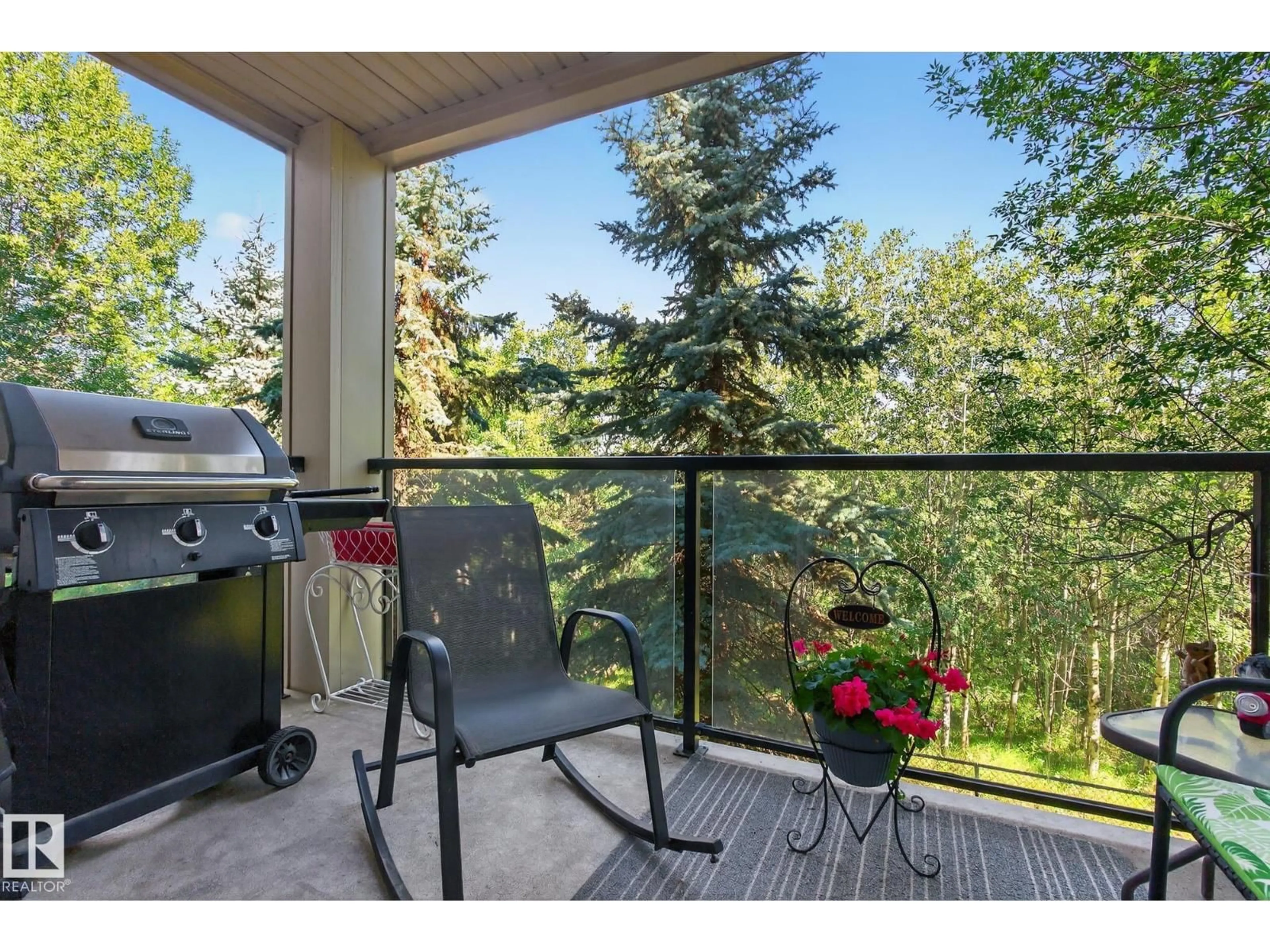 Patio, forest/trees view for 592 - 225 HOOKE RD, Edmonton Alberta T5A5H2