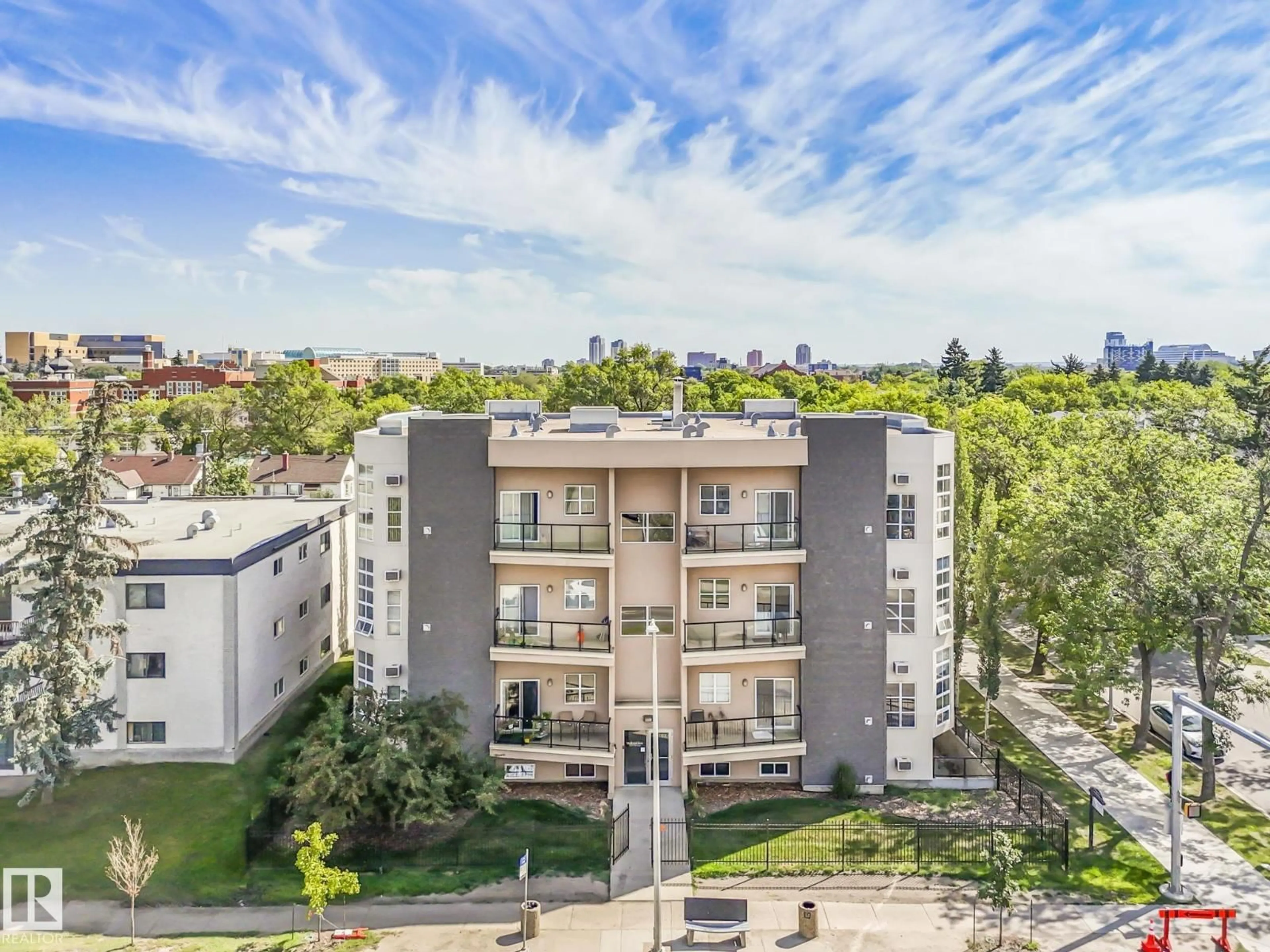 A pic from outside/outdoor area/front of a property/back of a property/a pic from drone, city buildings view from balcony for 301 - 10905 109 ST NW, Edmonton Alberta T5H3C2