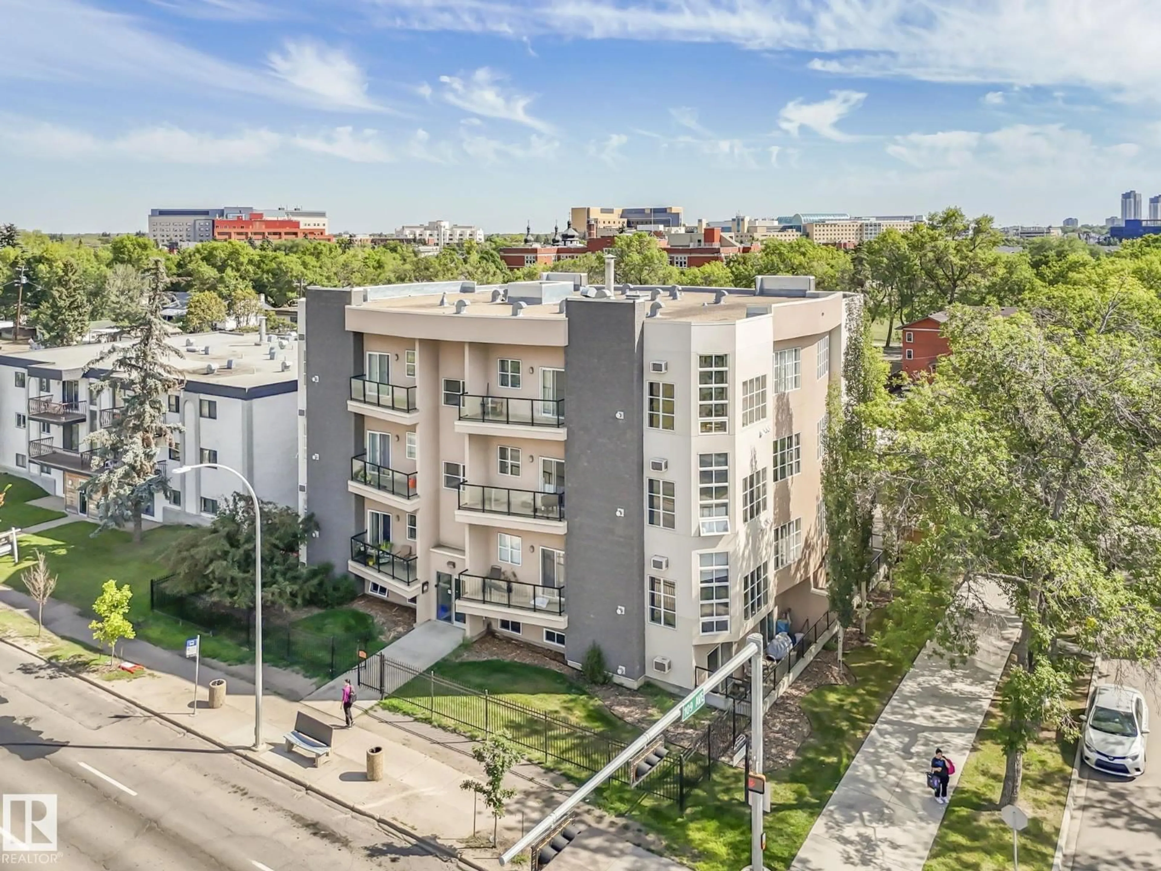 A pic from outside/outdoor area/front of a property/back of a property/a pic from drone, city buildings view from balcony for 301 - 10905 109 ST NW, Edmonton Alberta T5H3C2